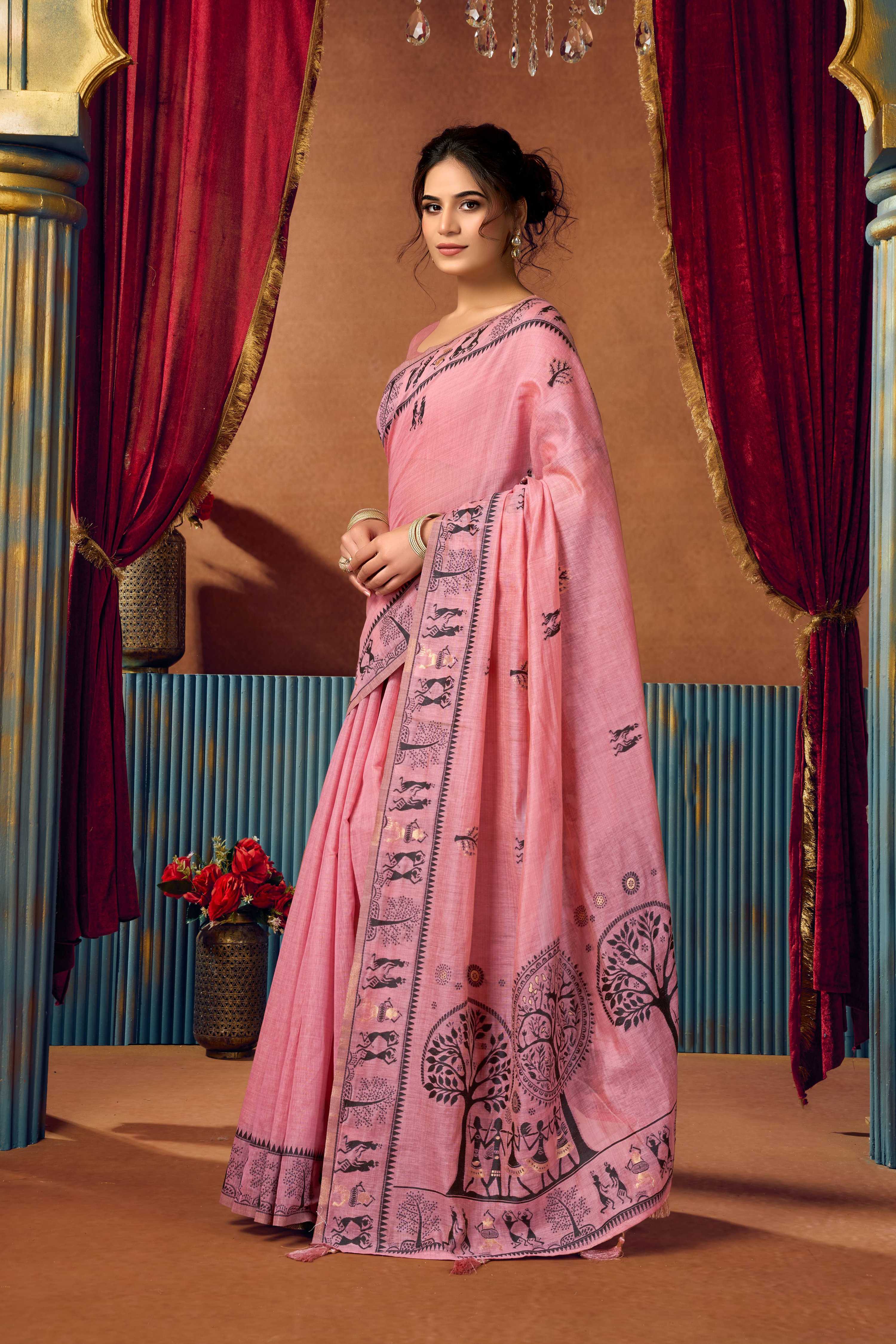 Jyoti Fashion Women's Pink Modal Zari Woven Saree with Blouse
