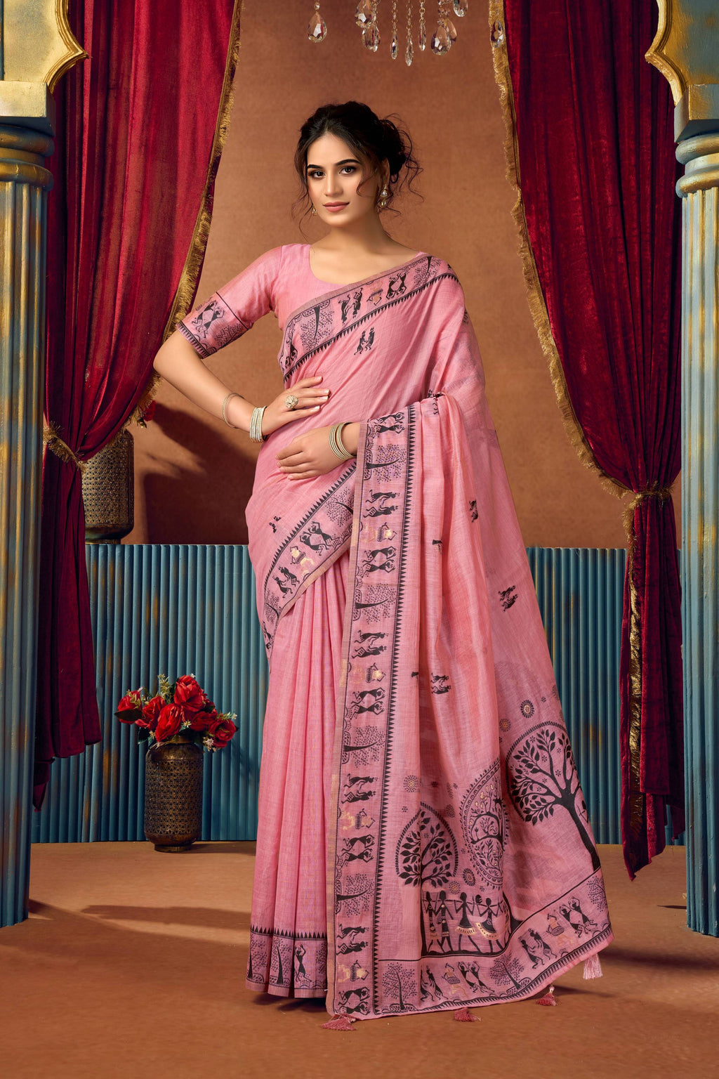 Jyoti Fashion Women's Pink Modal Zari Woven Saree with Blouse