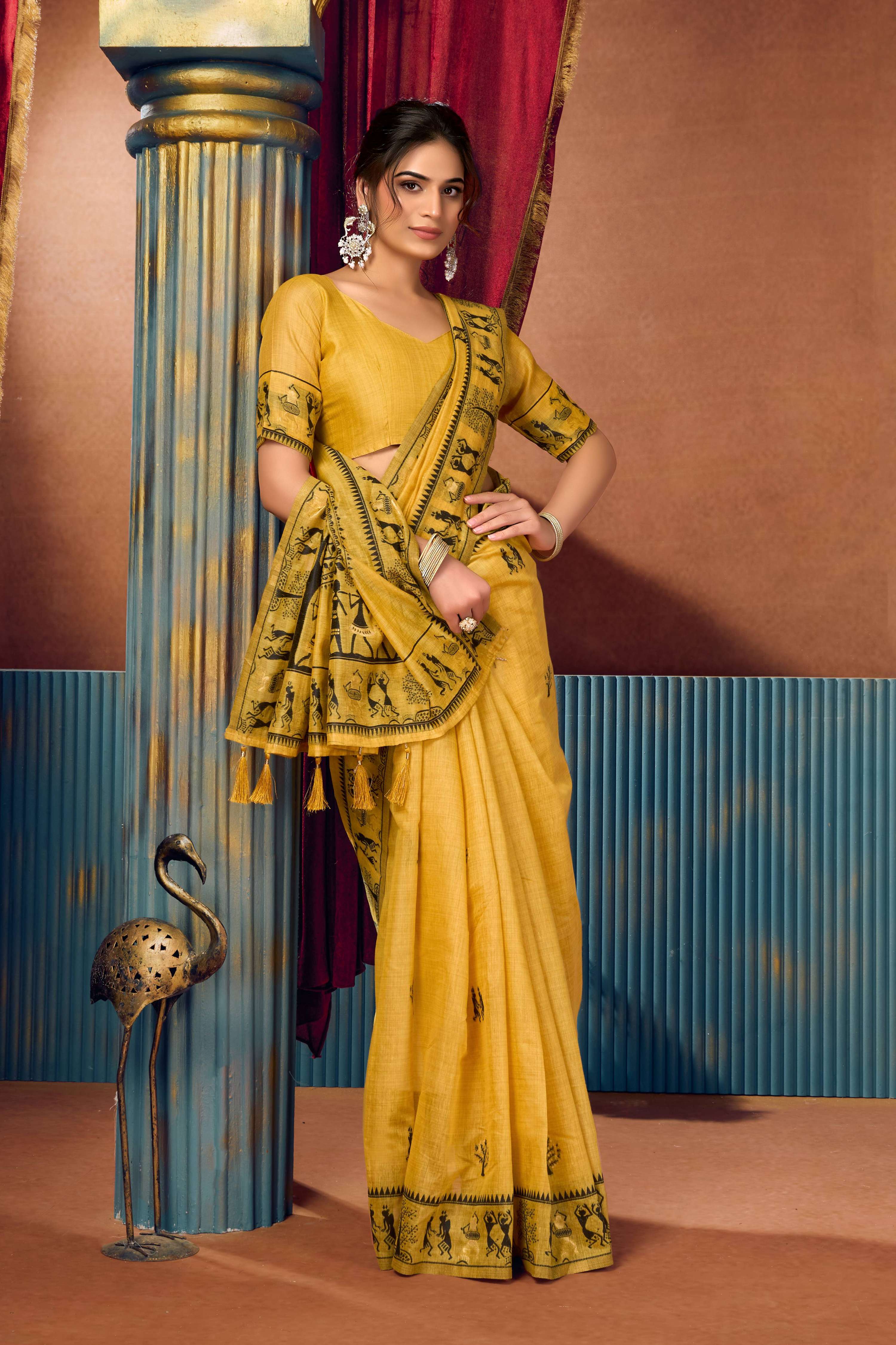 Jyoti Fashion Women's Yellow Modal Zari Woven Saree with Blouse
