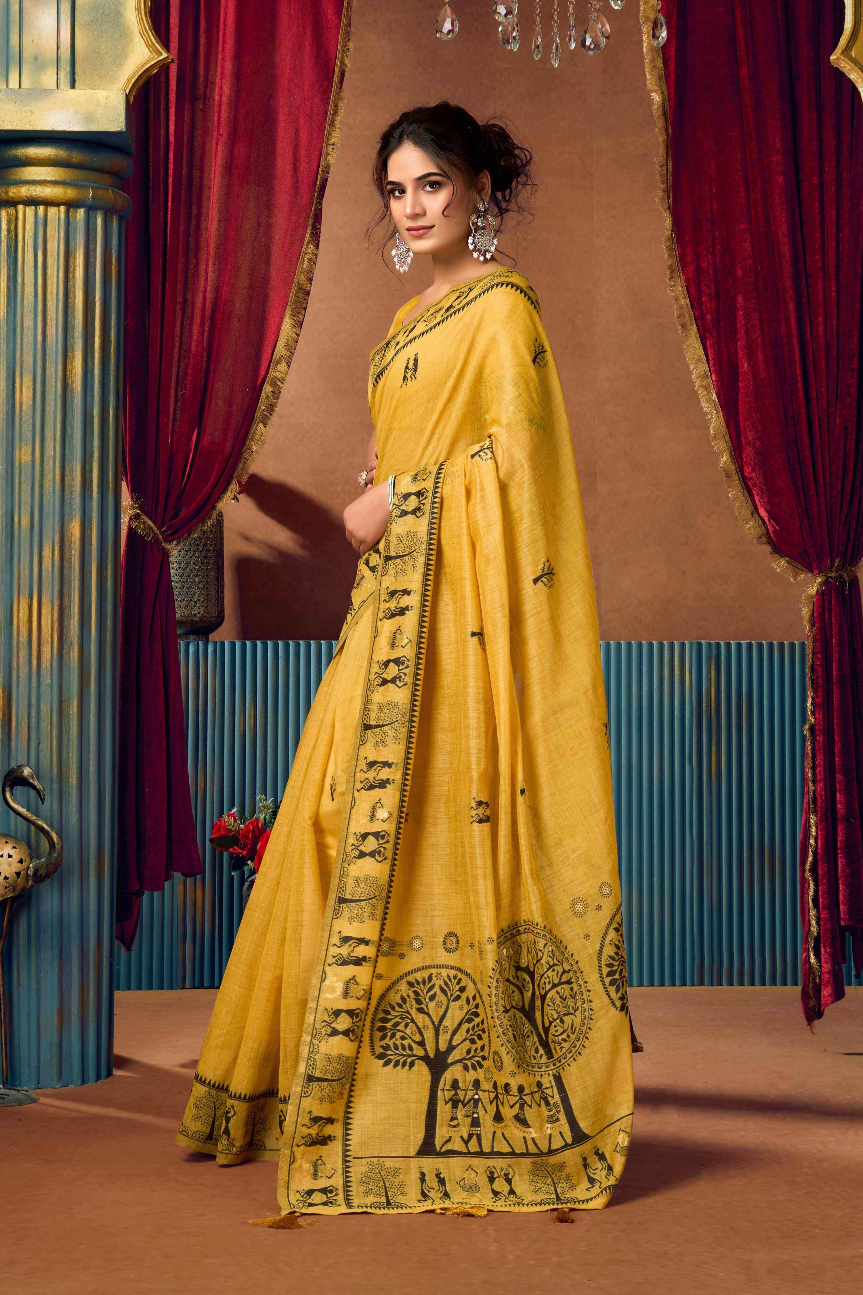 Jyoti Fashion Women's Yellow Modal Zari Woven Saree with Blouse