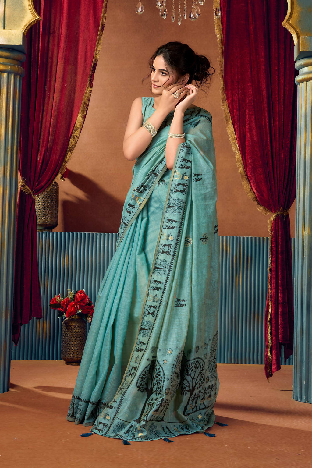 Jyoti Fashion Women's Turquoise Modal Zari Woven Saree with Blouse