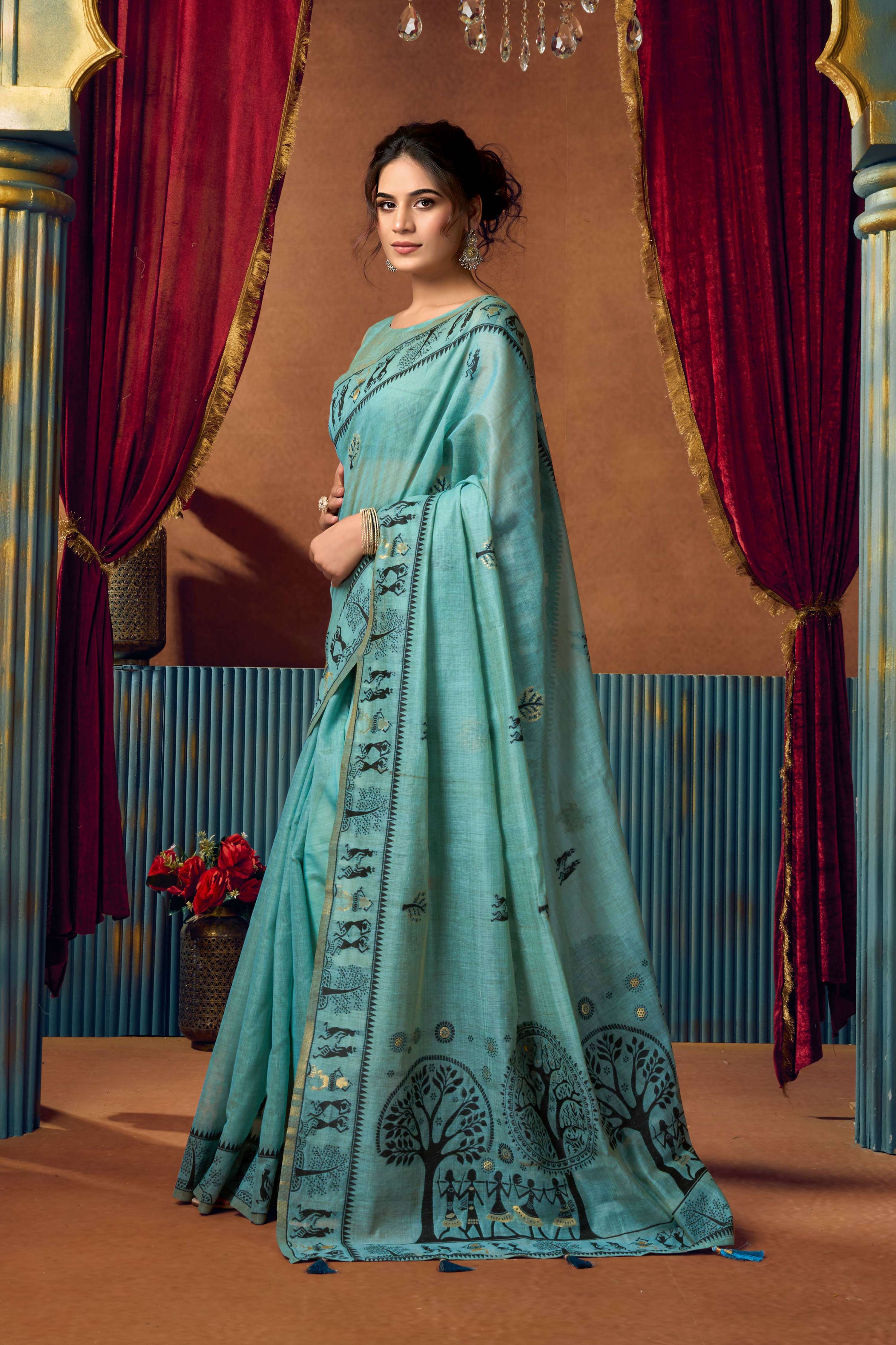 Jyoti Fashion Women's Turquoise Modal Zari Woven Saree with Blouse