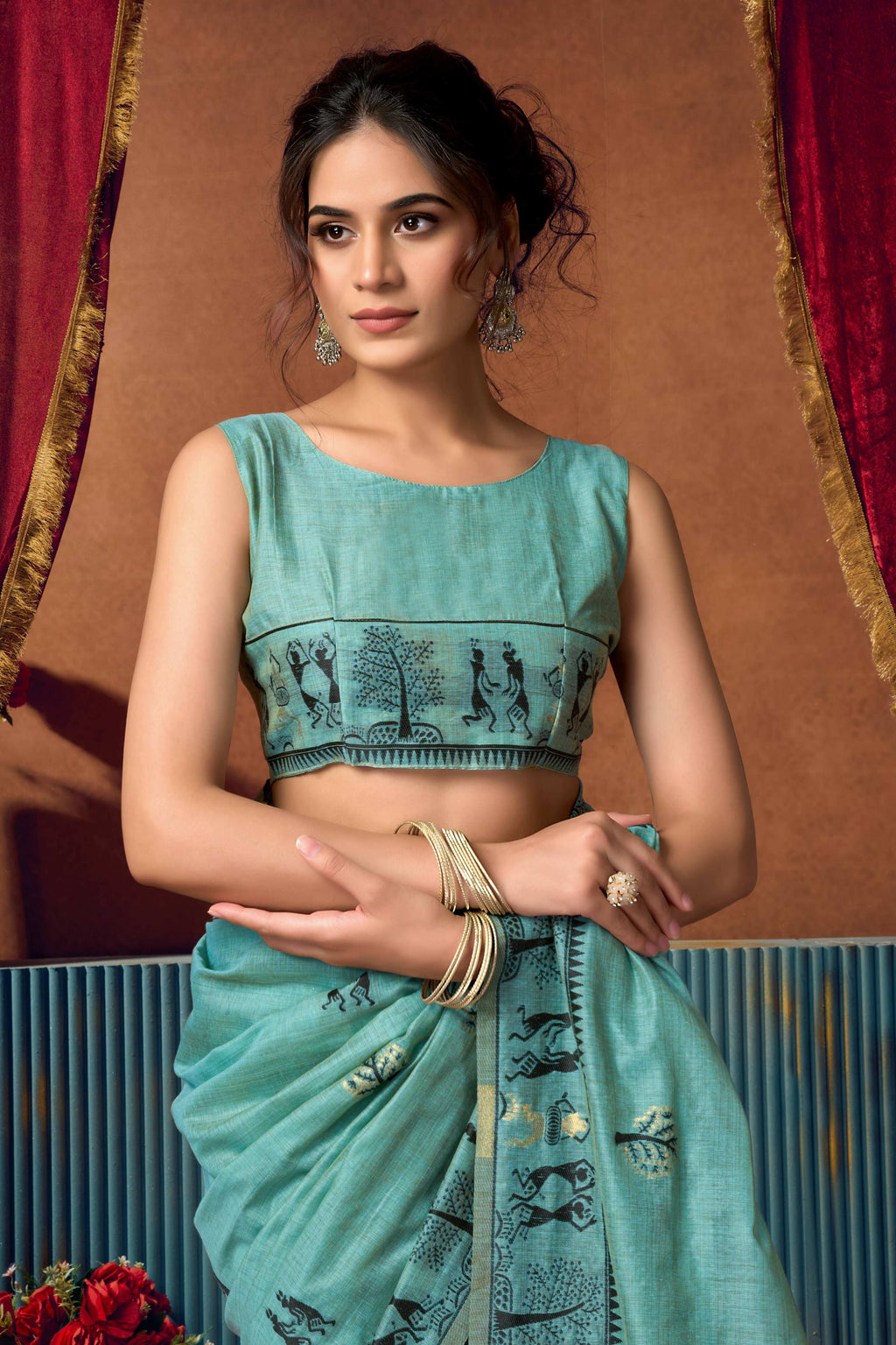 Jyoti Fashion Women's Turquoise Modal Zari Woven Saree with Blouse