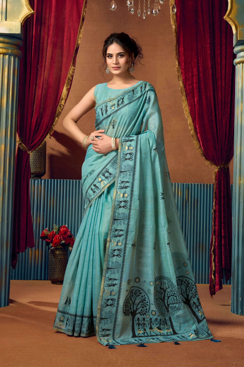 Jyoti Fashion Women's Turquoise Modal Zari Woven Saree with Blouse