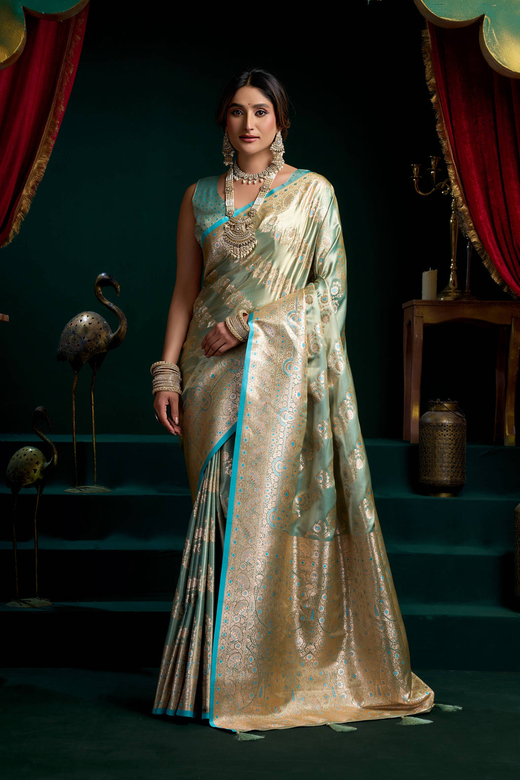 Jyoti Fashion Women's Turquoise Satin Silk Zari Woven Saree with Blouse