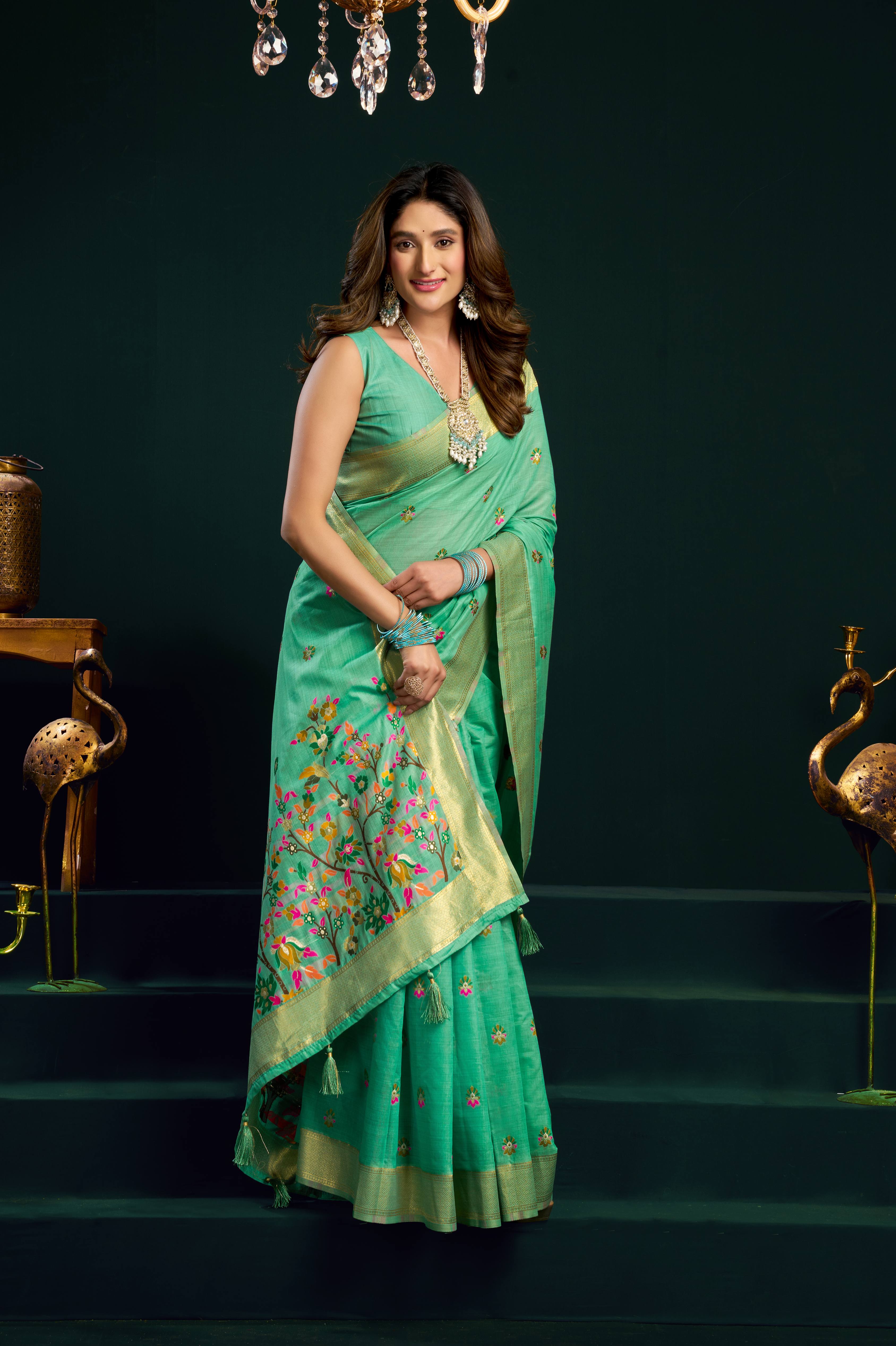 Jyoti Fashion Women's Sea Green Muga Cotton Meena Zari Woven Saree with Blouse