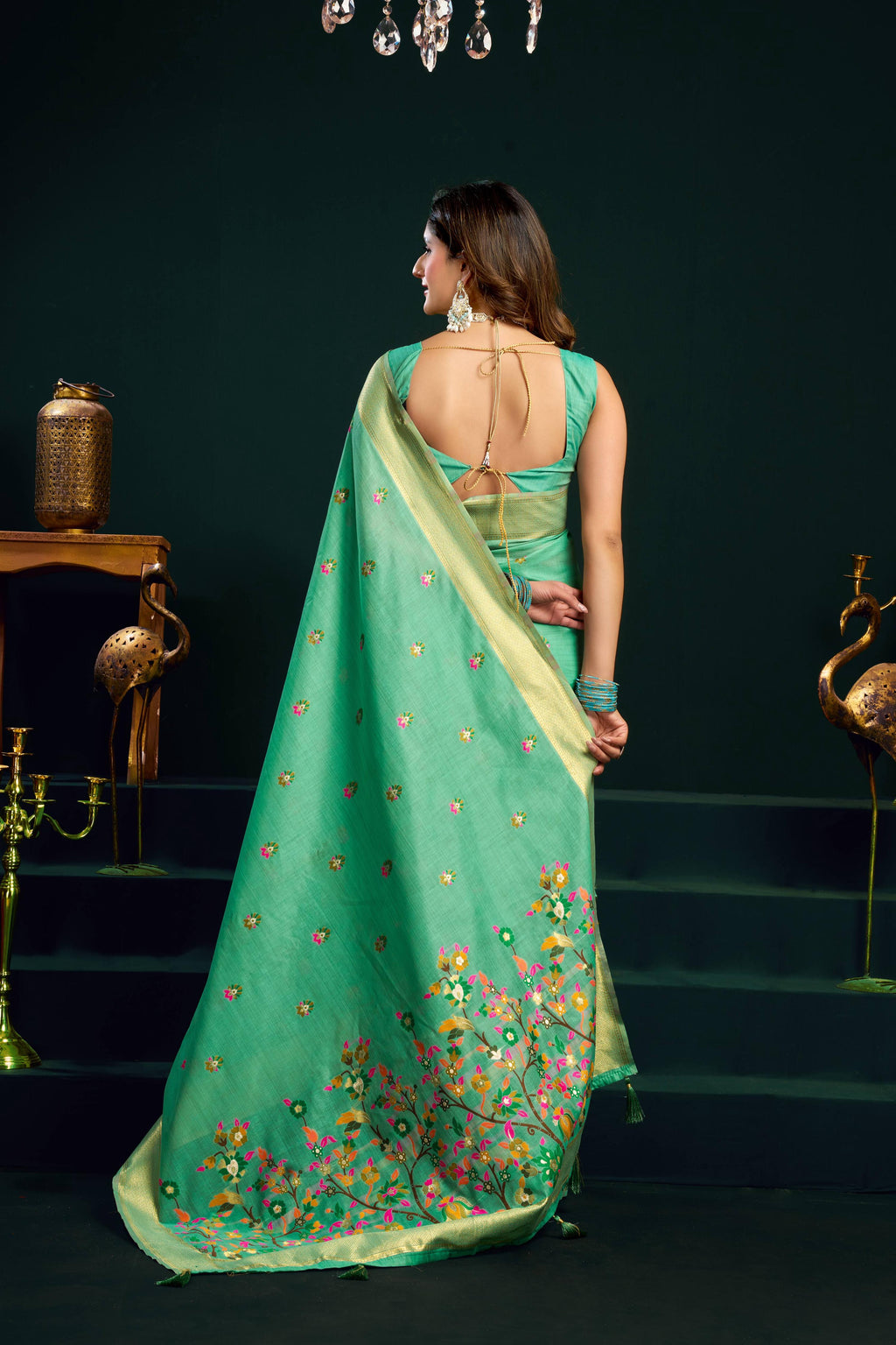 Jyoti Fashion Women's Sea Green Muga Cotton Meena Zari Woven Saree with Blouse