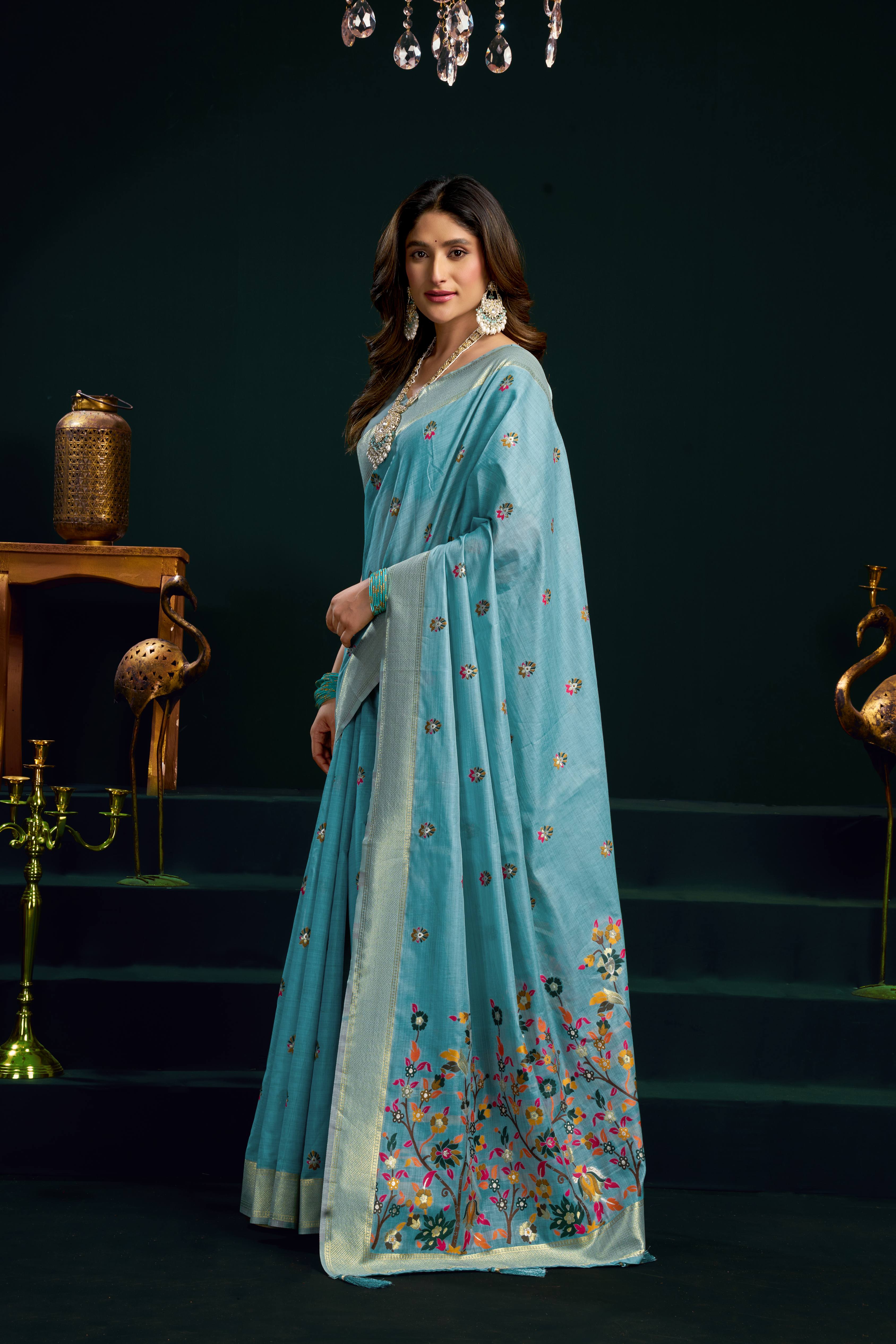 Jyoti Fashion Women's Turquoise Muga Cotton Meena Zari Woven Saree with Blouse