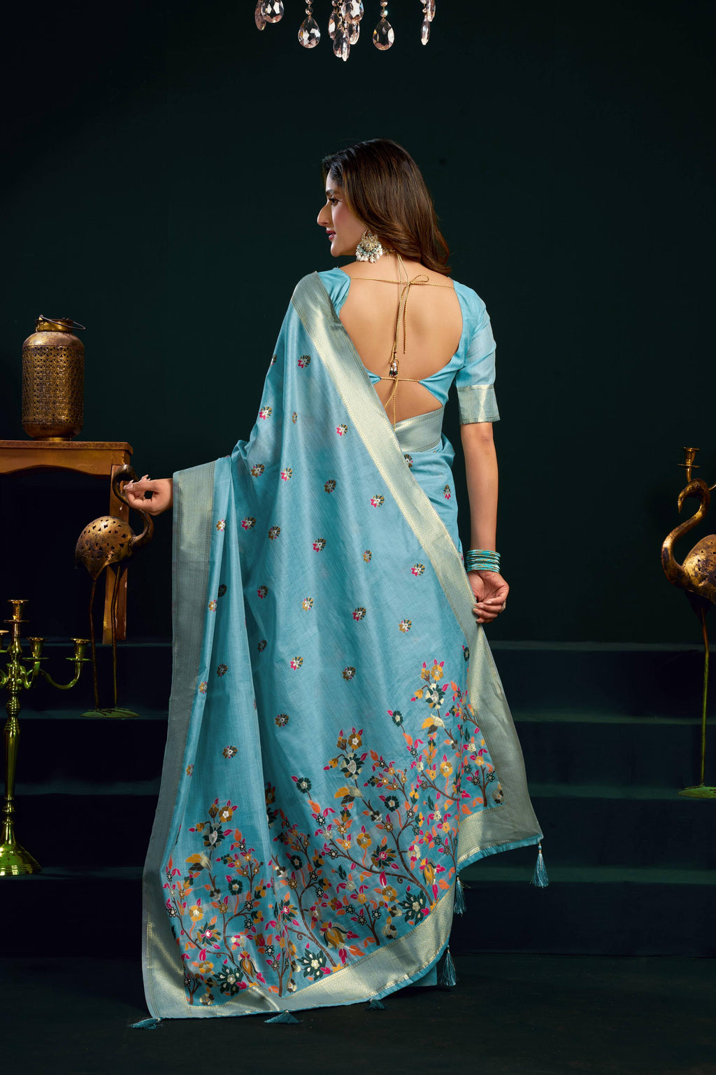 Jyoti Fashion Women's Turquoise Muga Cotton Meena Zari Woven Saree with Blouse