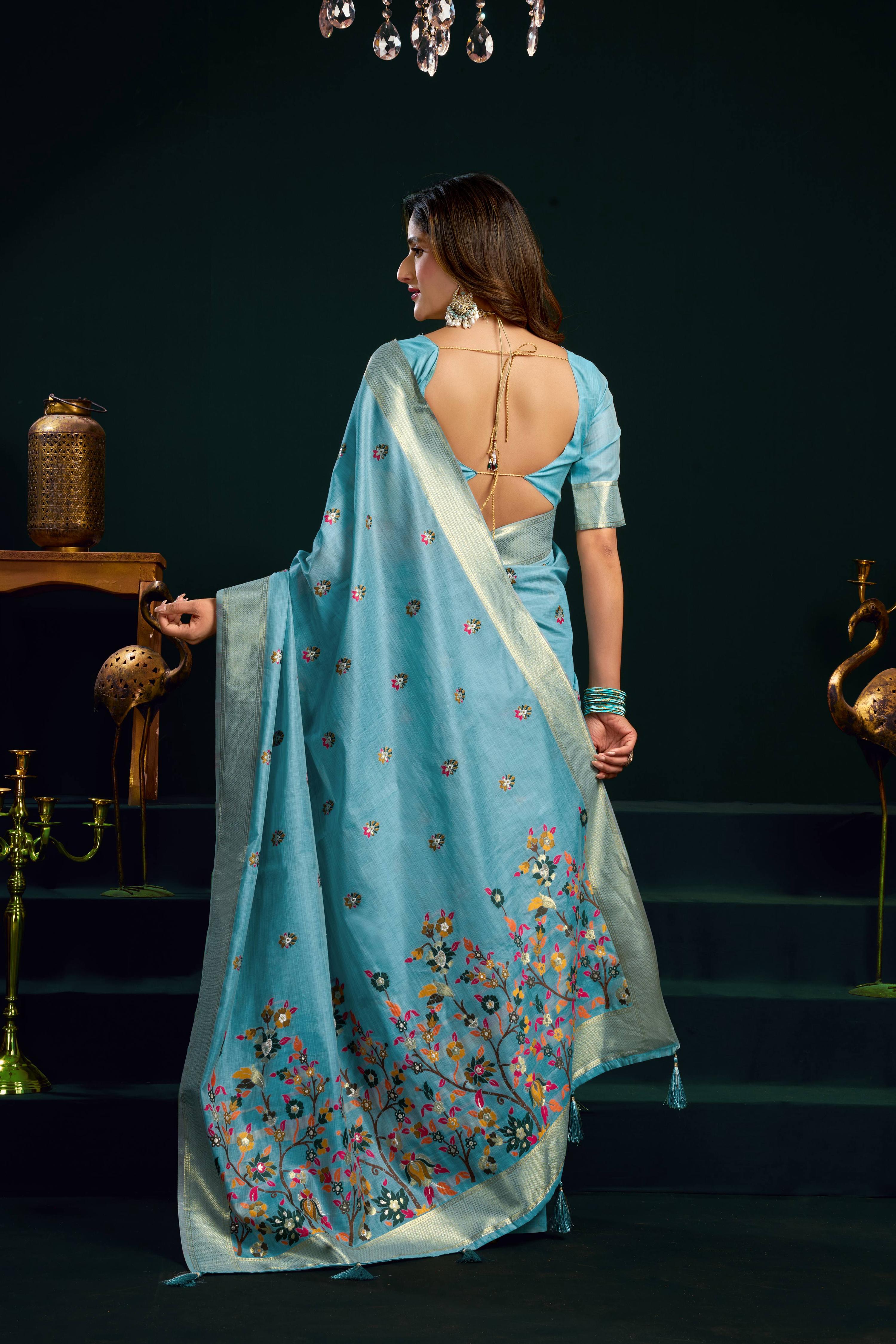 Jyoti Fashion Women's Turquoise Muga Cotton Meena Zari Woven Saree with Blouse