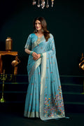 Jyoti Fashion Women's Turquoise Muga Cotton Meena Zari Woven Saree with Blouse
