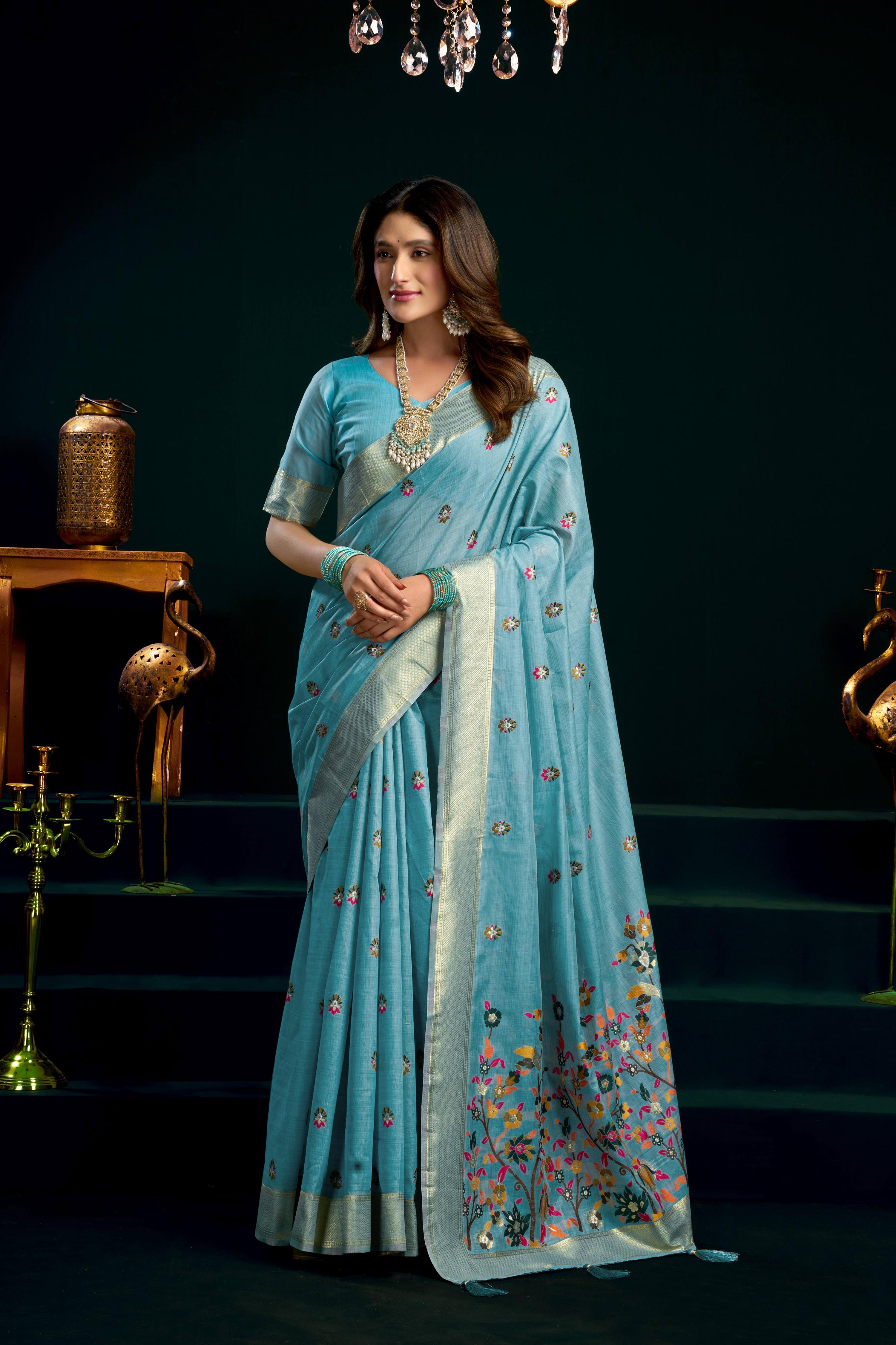 Jyoti Fashion Women's Turquoise Muga Cotton Meena Zari Woven Saree with Blouse