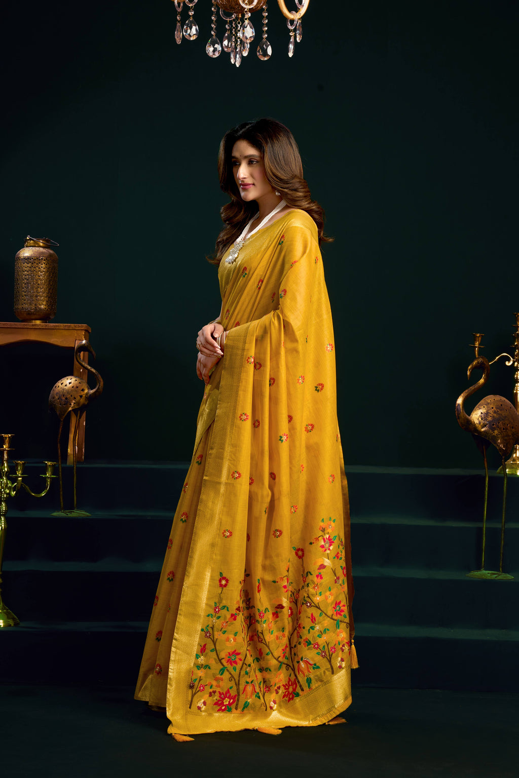 Jyoti Fashion Women's Yellow Muga Cotton Meena Zari Woven Saree with Blouse