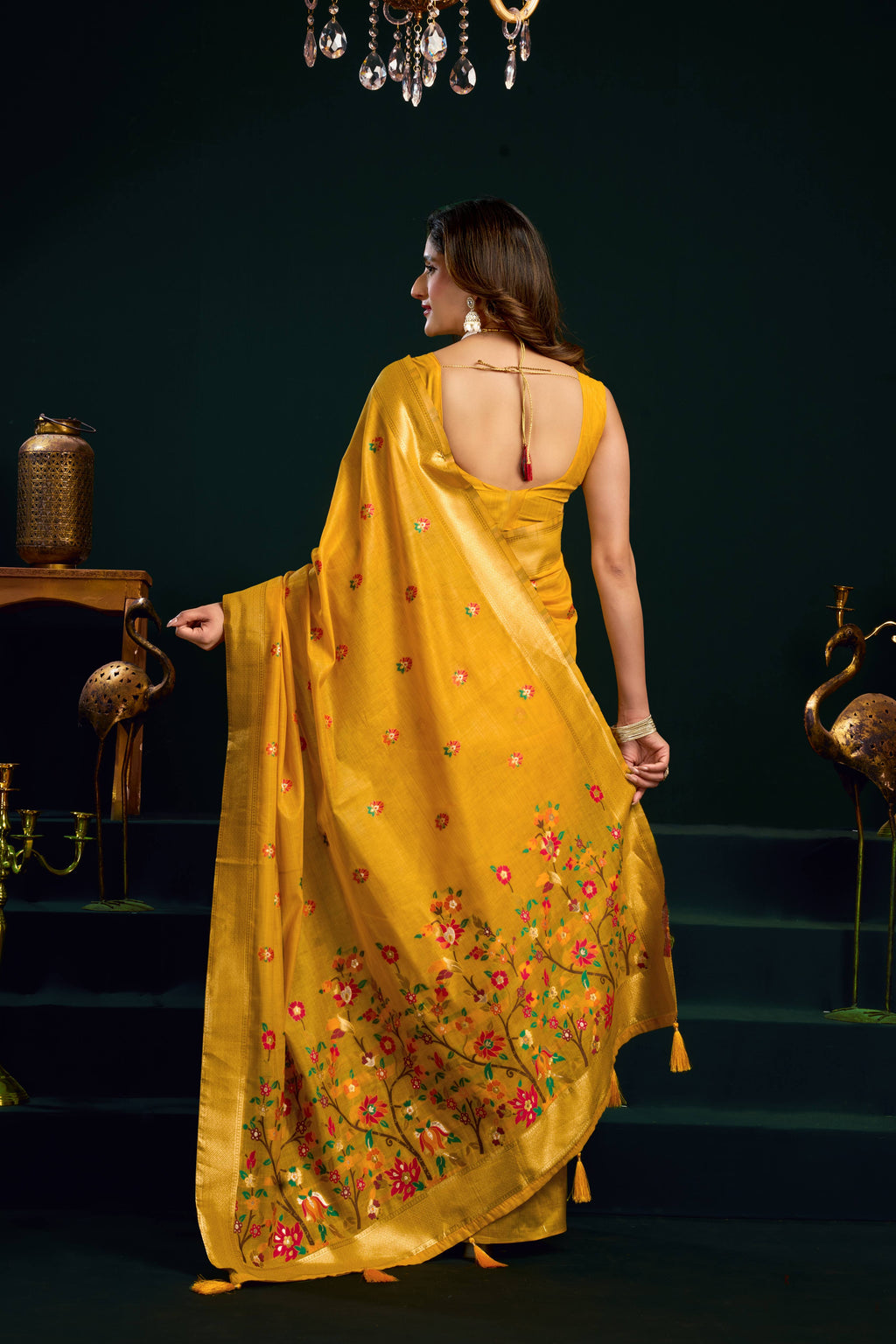Jyoti Fashion Women's Yellow Muga Cotton Meena Zari Woven Saree with Blouse
