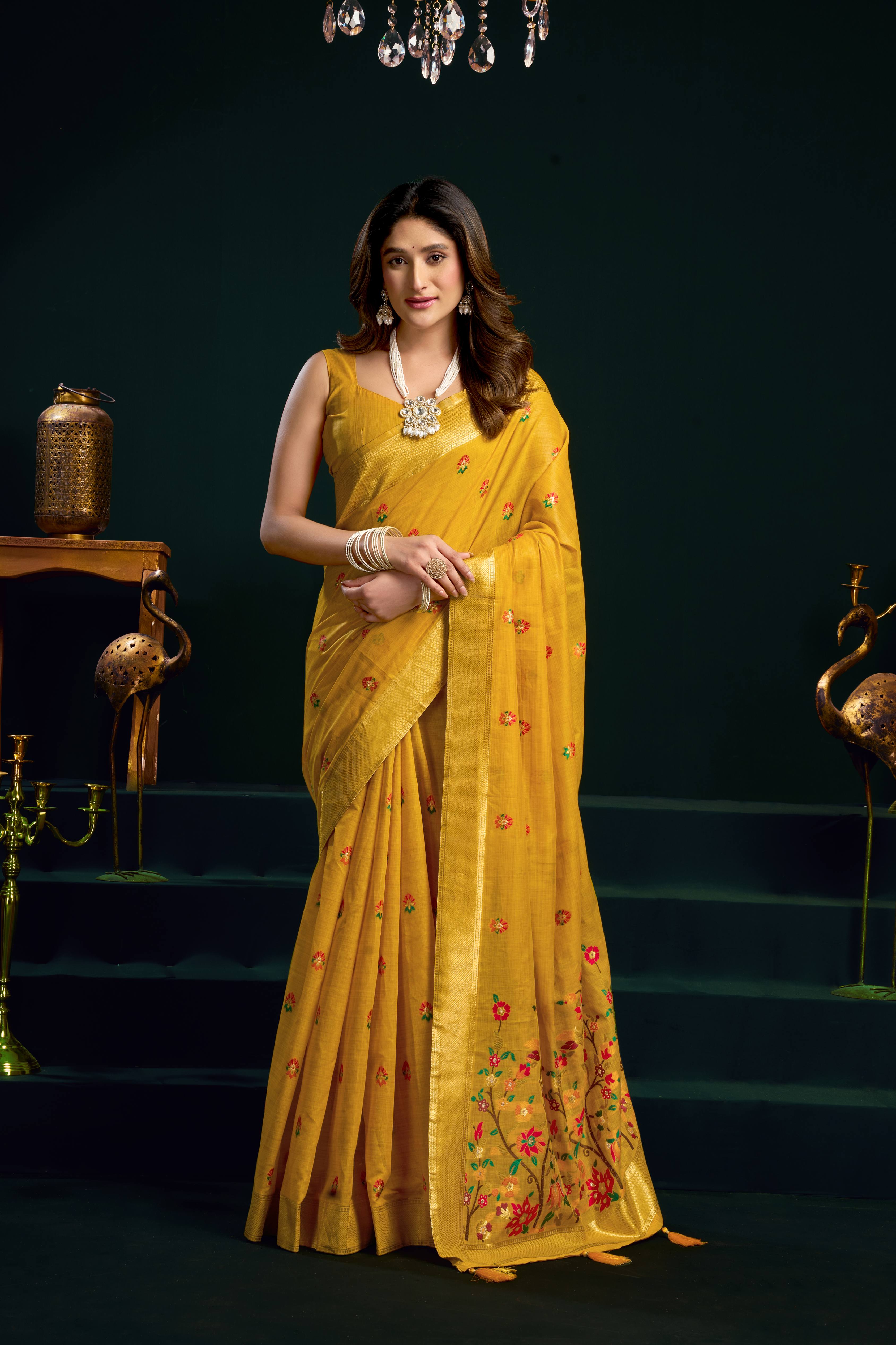 Jyoti Fashion Women's Yellow Muga Cotton Meena Zari Woven Saree with Blouse