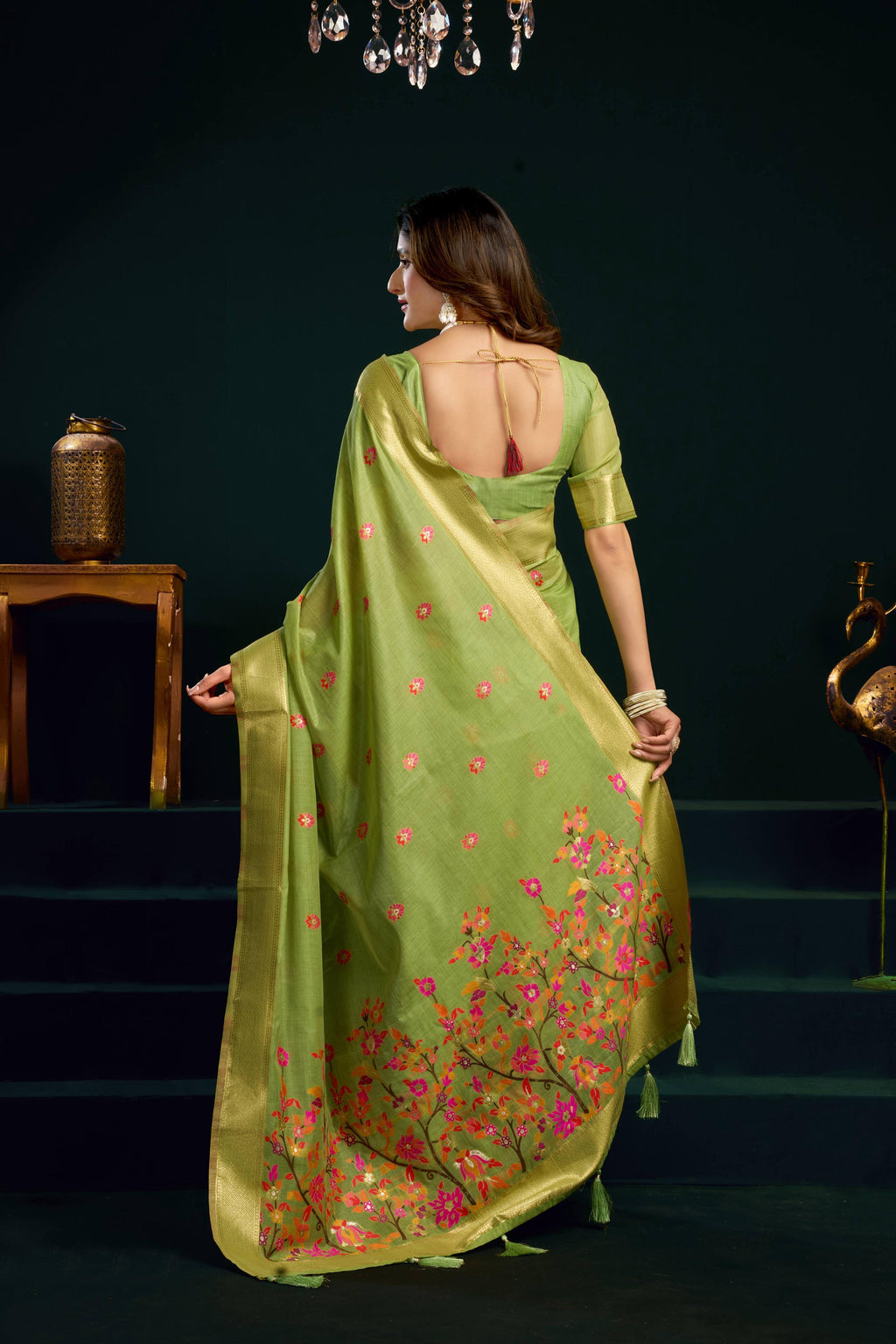 Jyoti Fashion Women's Green Muga Cotton Meena Zari Woven Saree with Blouse