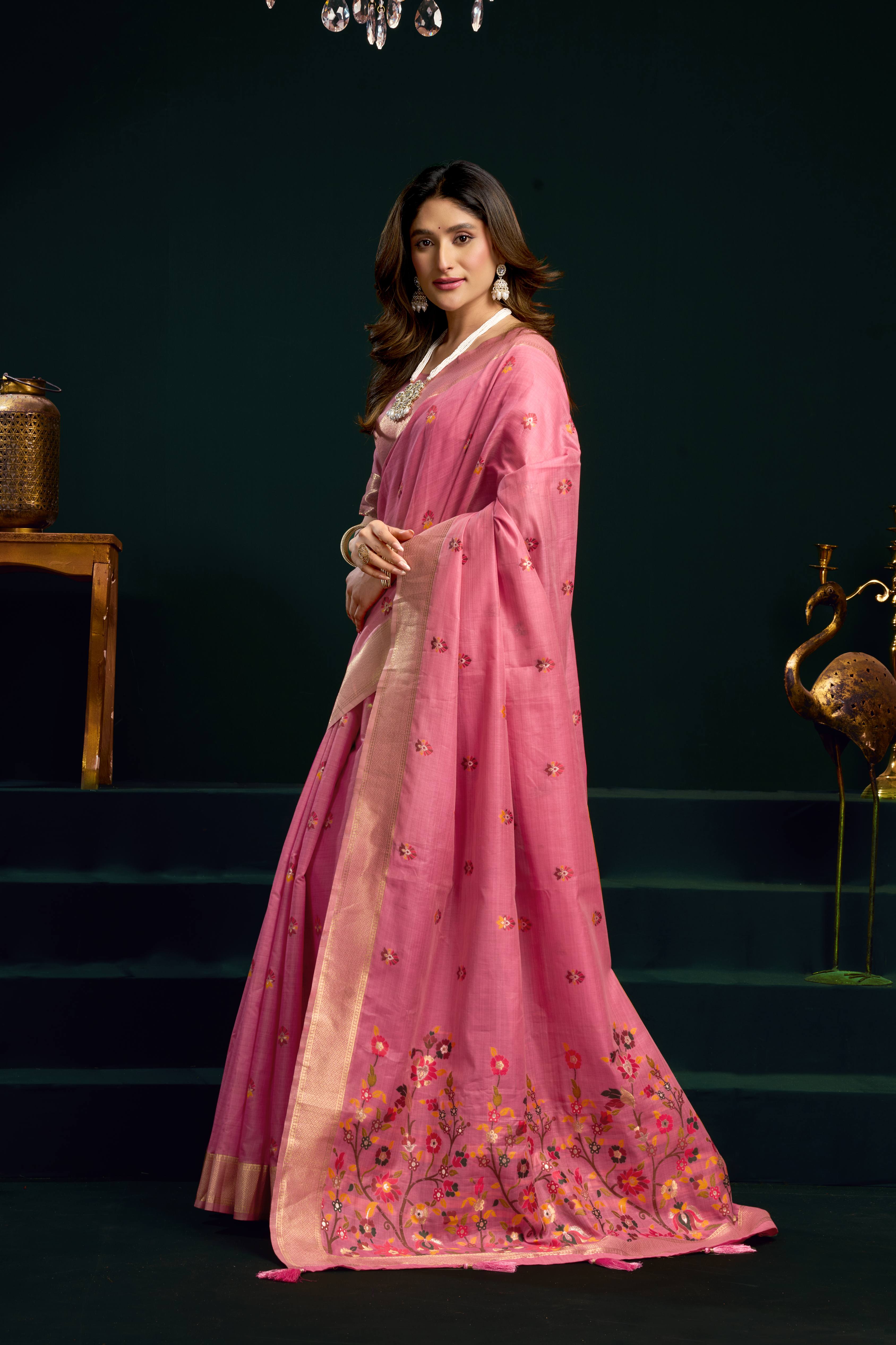 Jyoti Fashion Women's Pink Muga Cotton Meena Zari Woven Saree with Blouse