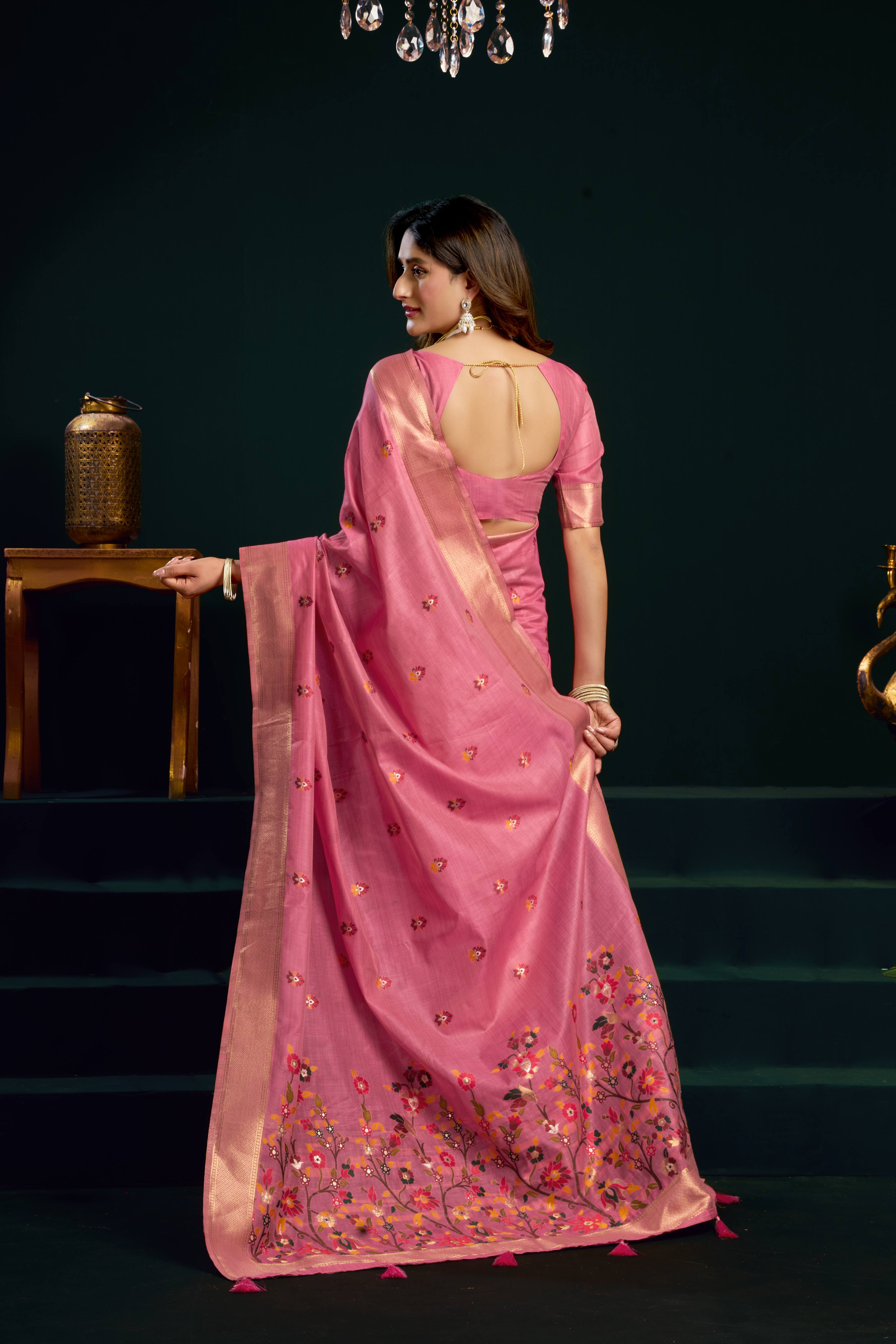 Jyoti Fashion Women's Pink Muga Cotton Meena Zari Woven Saree with Blouse