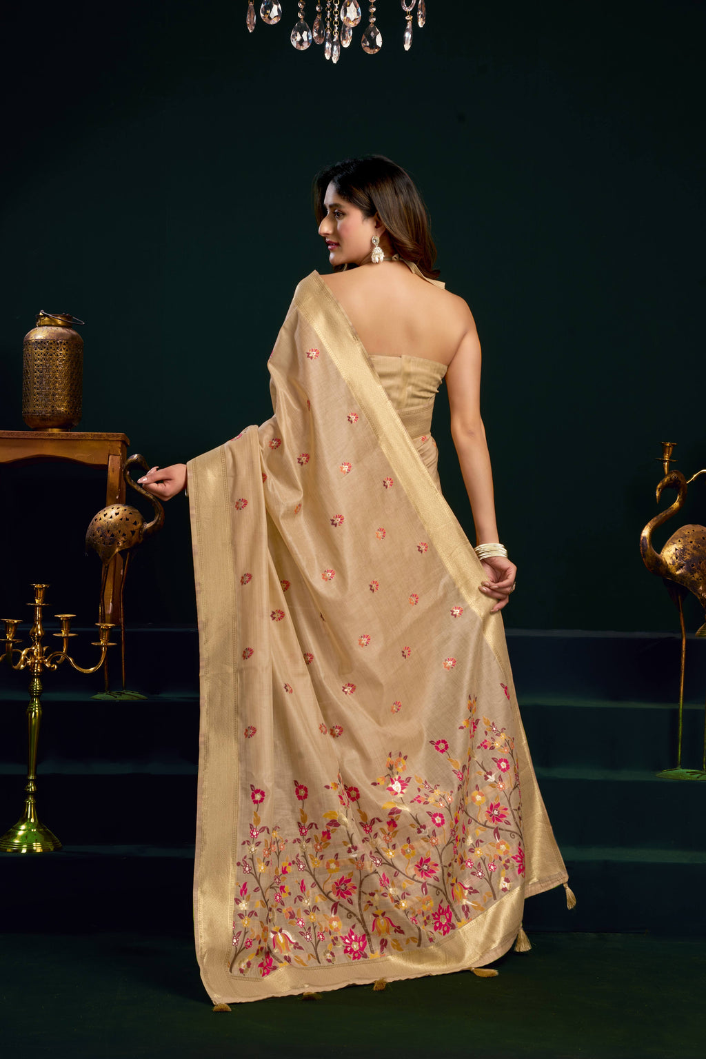 Jyoti Fashion Women's Beige Muga Cotton Meena Zari Woven Saree with Blouse