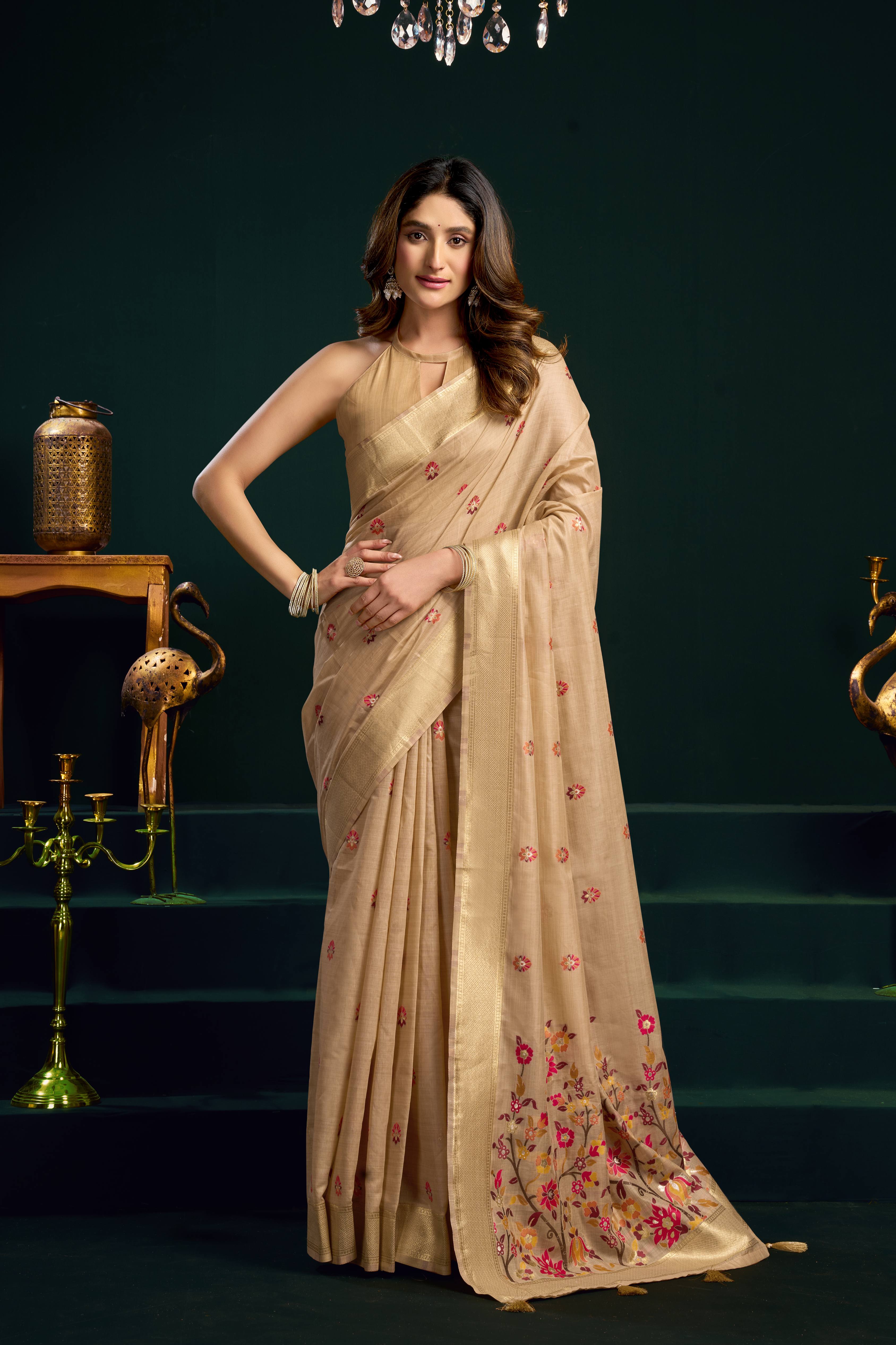 Jyoti Fashion Women's Beige Muga Cotton Meena Zari Woven Saree with Blouse