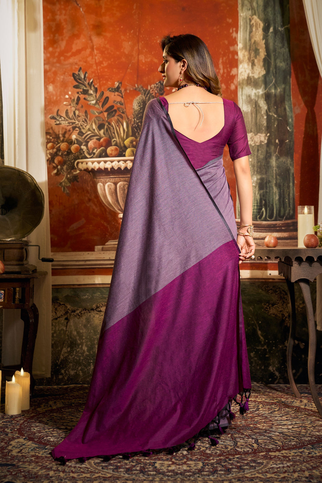 Jyoti Fashion Women's Purple Cotton Contrast Pallu Saree with Blouse