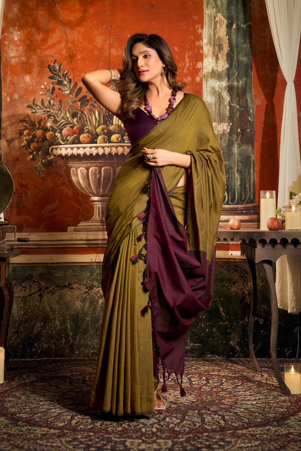Jyoti Fashion Women's Mehendi Cotton Contrast Pallu Saree with Blouse
