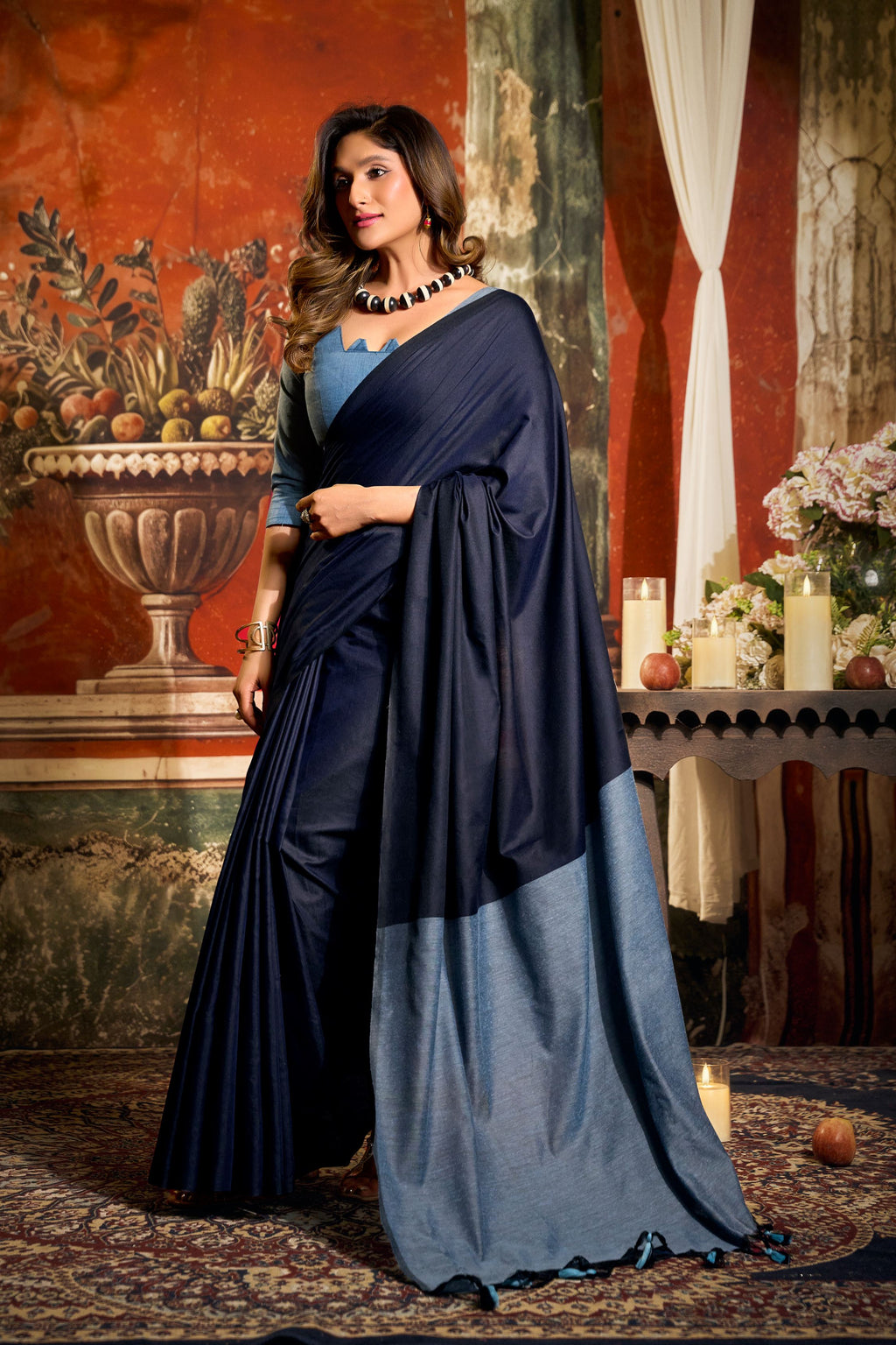 Jyoti Fashion Women's Navy Blue Cotton Contrast Pallu Saree with Blouse