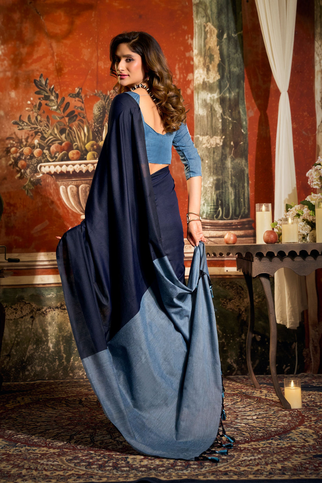 Jyoti Fashion Women's Navy Blue Cotton Contrast Pallu Saree with Blouse