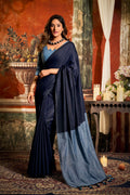 Jyoti Fashion Women's Navy Blue Cotton Contrast Pallu Saree with Blouse