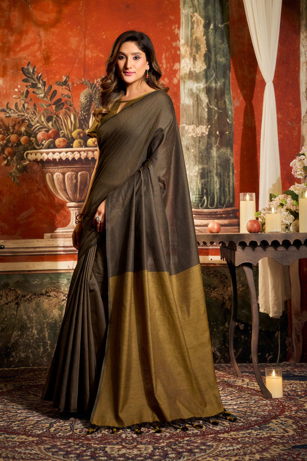 Jyoti Fashion Women's Coffee Cotton Contrast Pallu Saree with Blouse