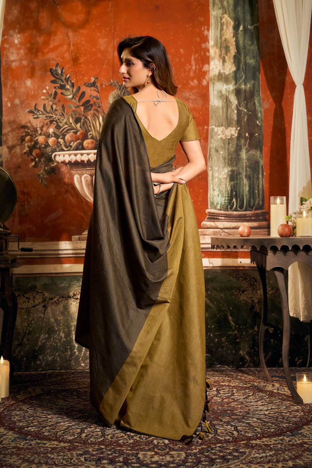 Jyoti Fashion Women's Coffee Cotton Contrast Pallu Saree with Blouse