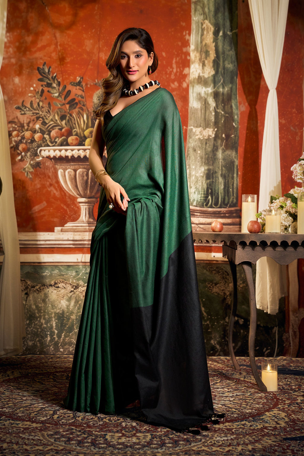 Jyoti Fashion Women's Bottle Green Cotton Contrast Pallu Saree with Blouse