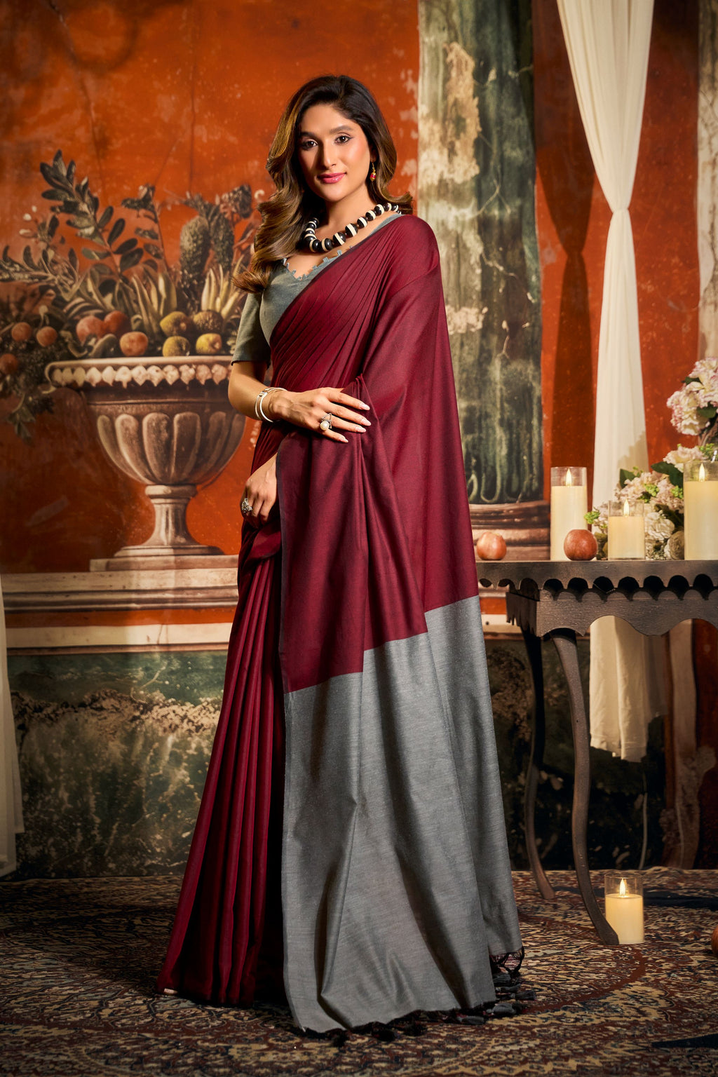 Jyoti Fashion Women's Maroon Cotton Contrast Pallu Saree with Blouse