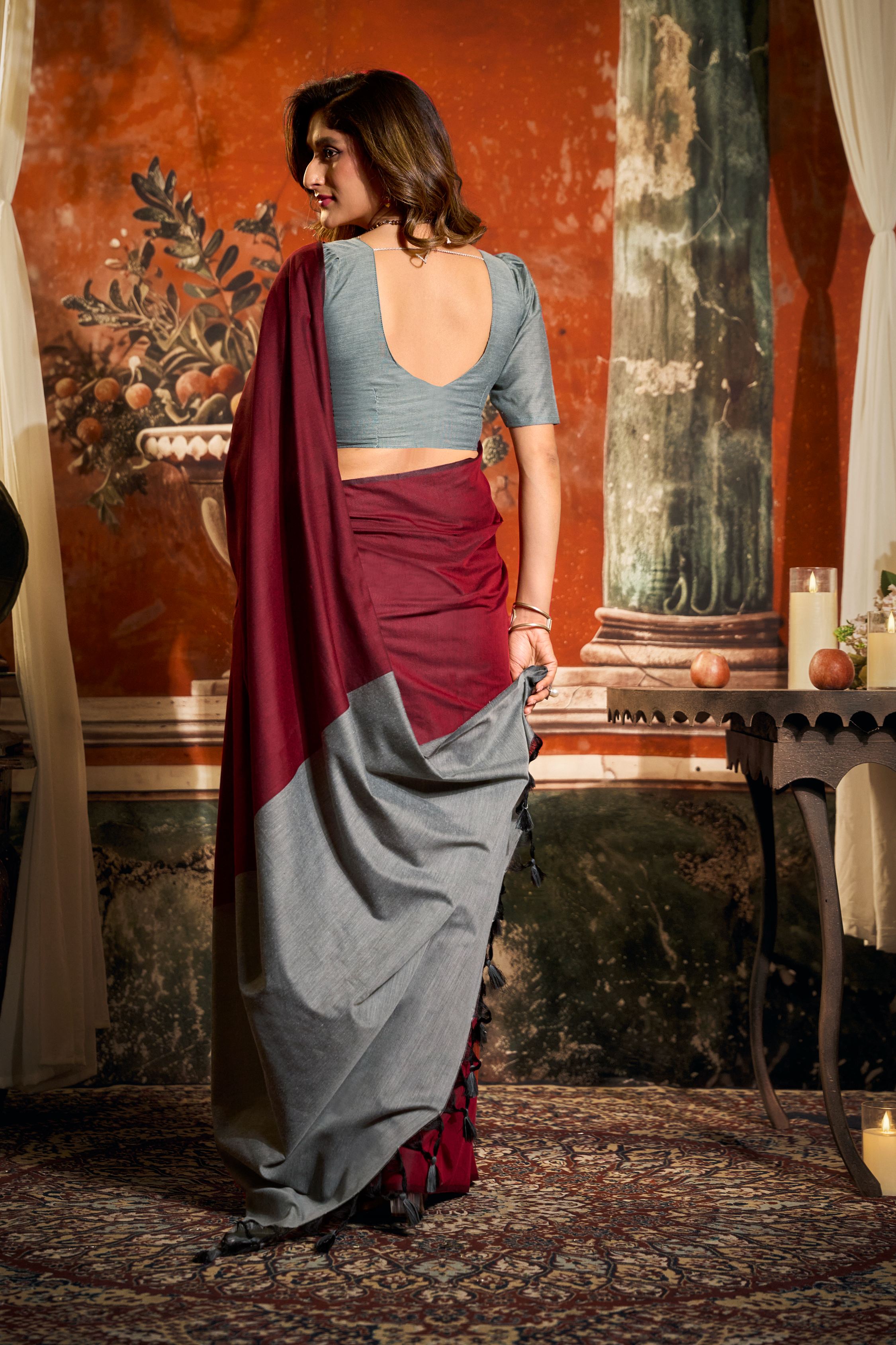 Jyoti Fashion Women's Maroon Cotton Contrast Pallu Saree with Blouse