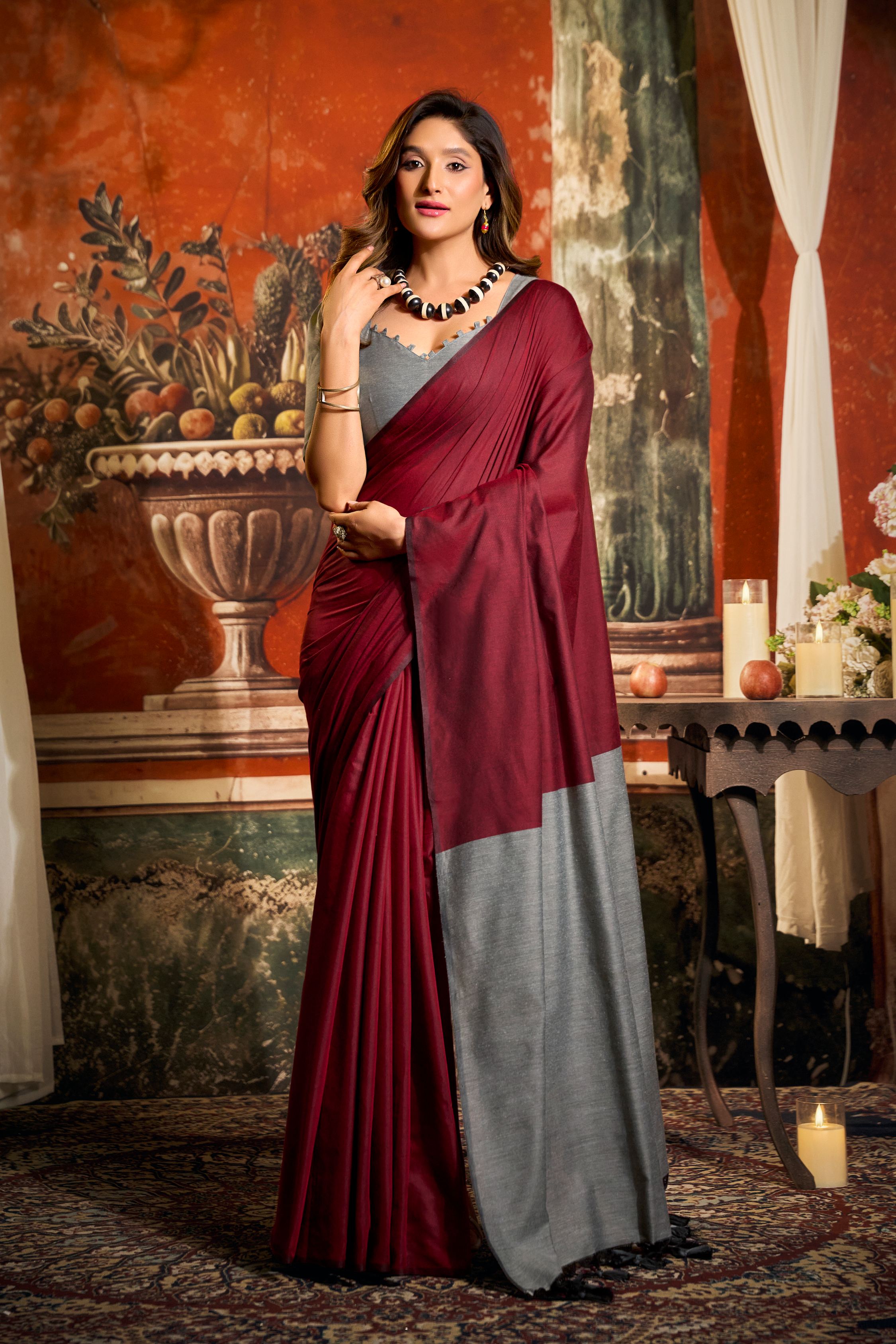 Jyoti Fashion Women's Maroon Cotton Contrast Pallu Saree with Blouse