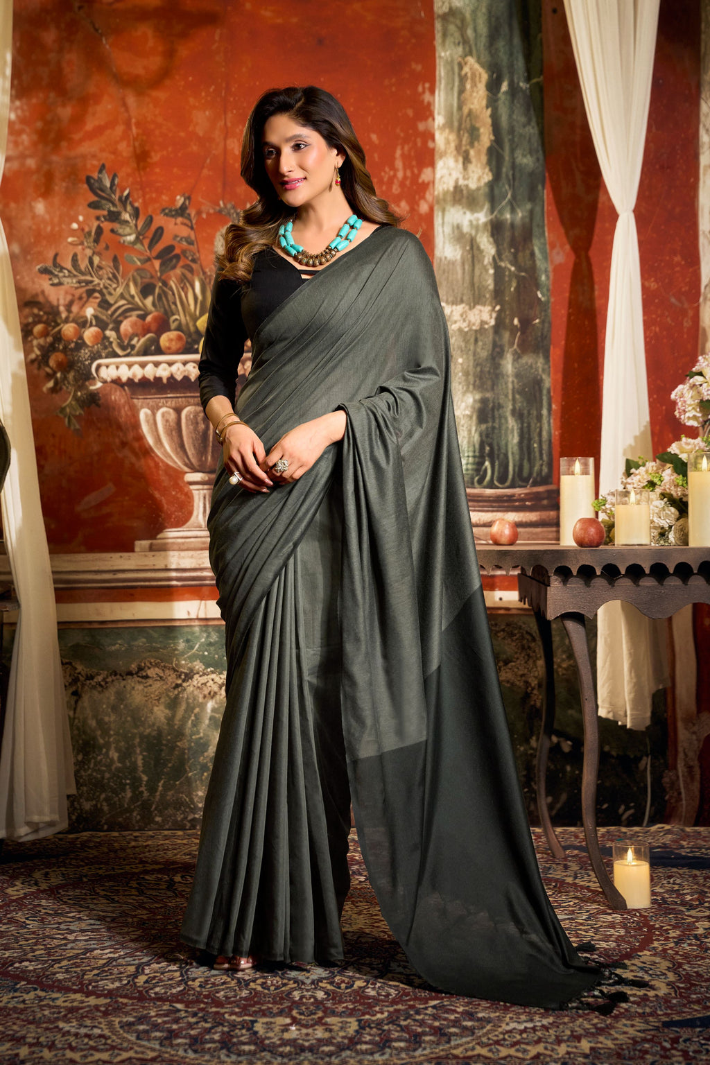 Jyoti Fashion Women's Dark Grey Cotton Contrast Pallu Saree with Blouse