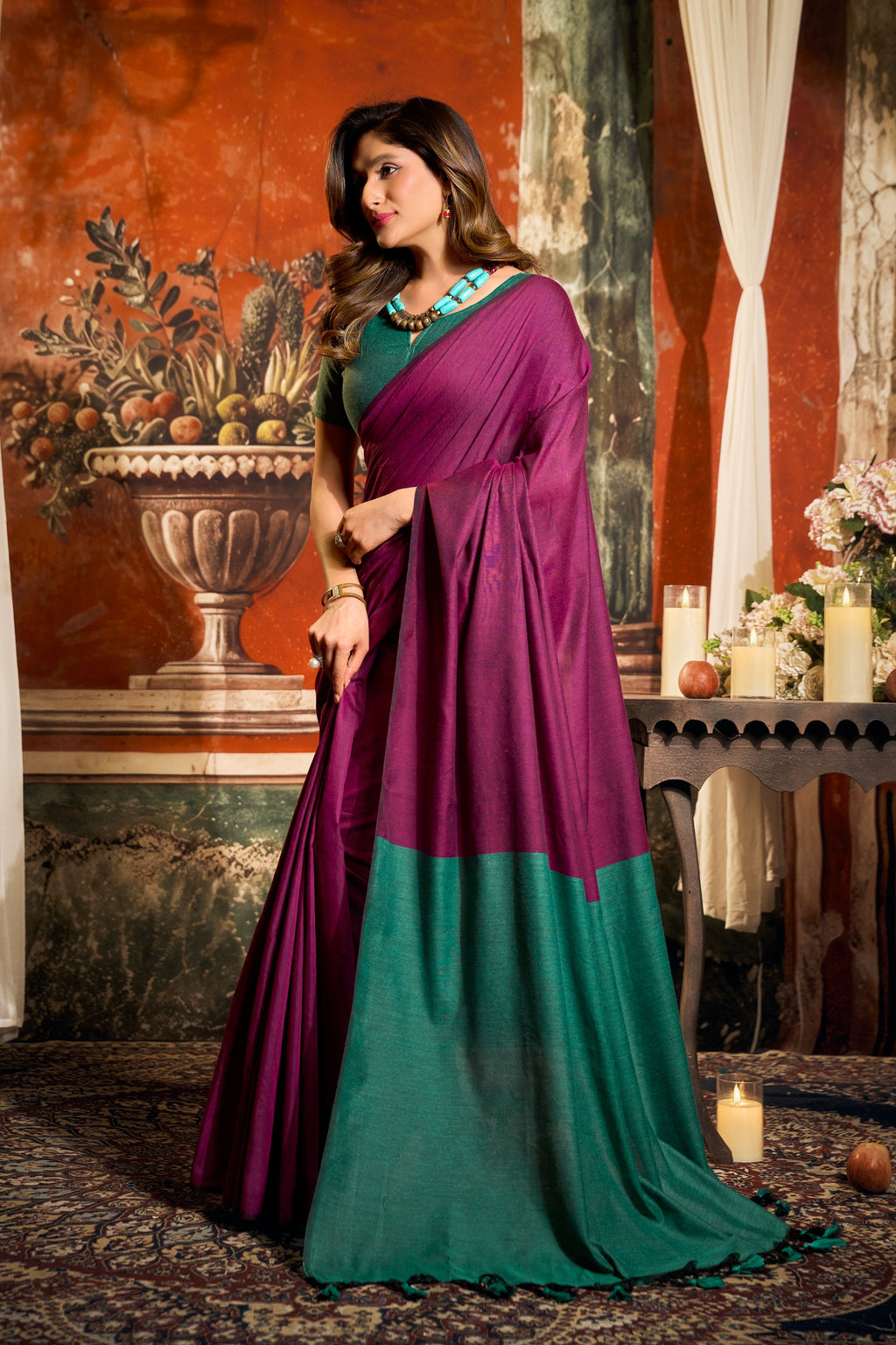 Jyoti Fashion Women's Magenta Cotton Contrast Pallu Saree with Blouse