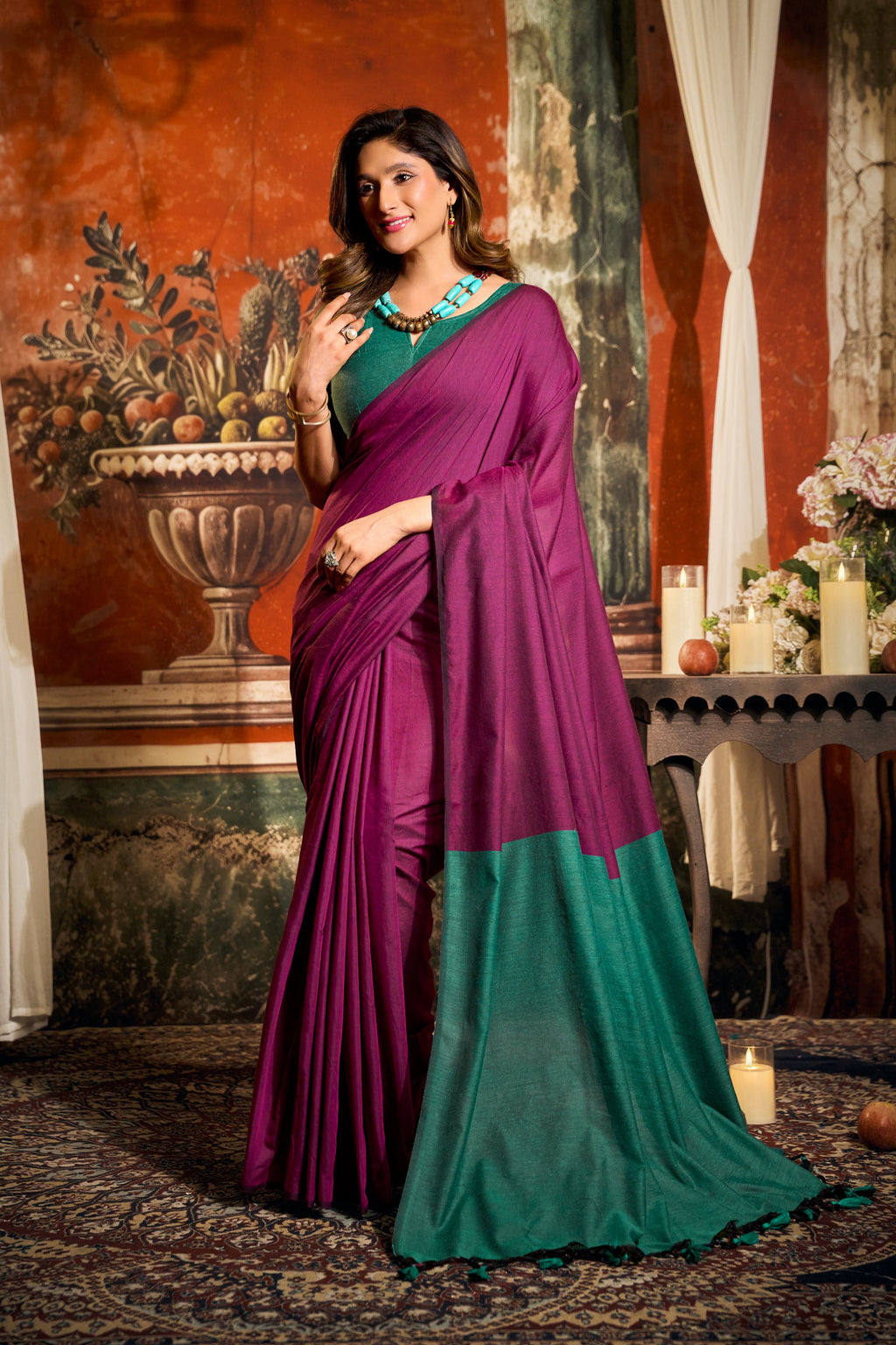 Jyoti Fashion Women's Magenta Cotton Contrast Pallu Saree with Blouse