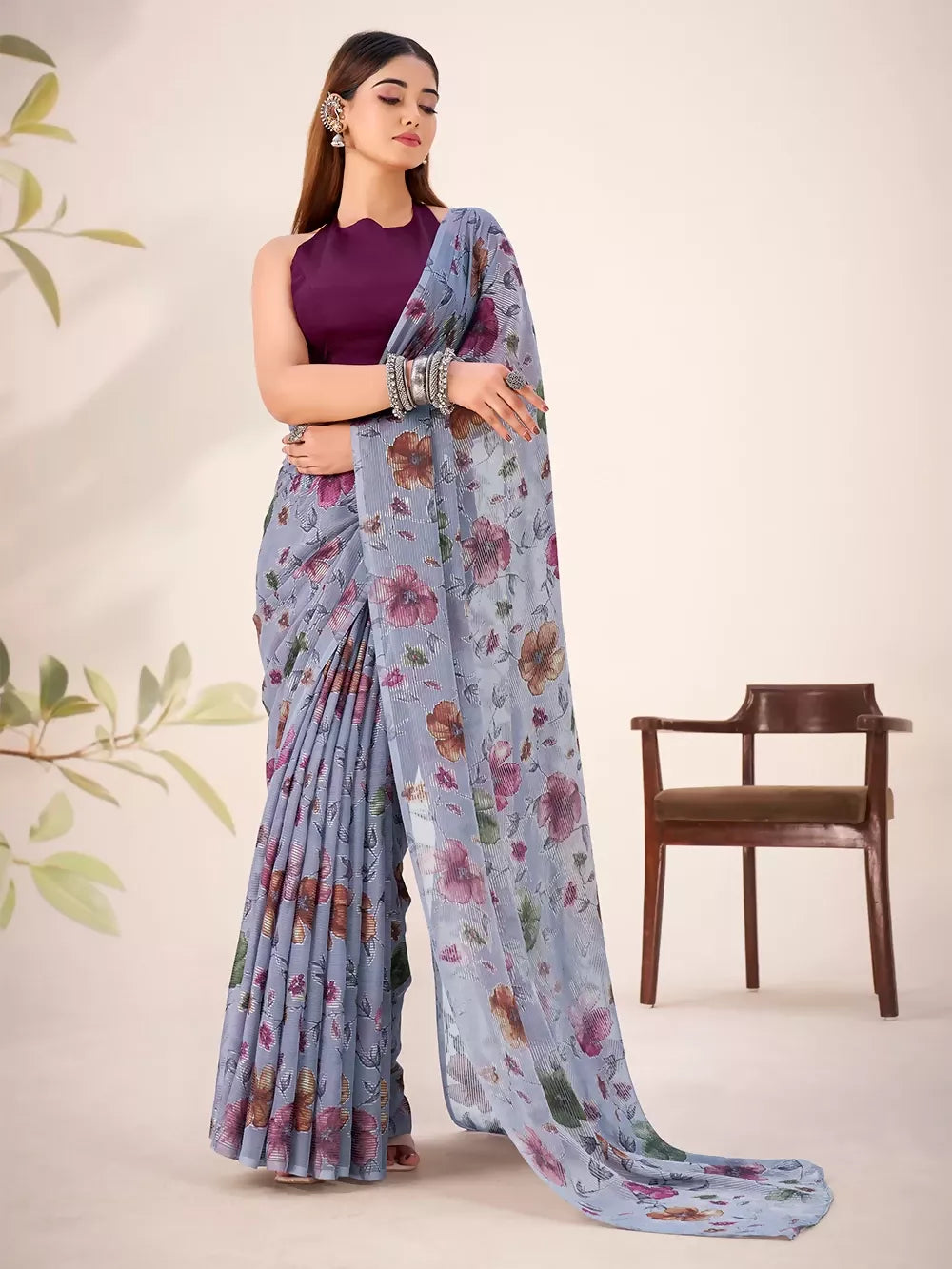 Vastranavya Grey Lurex Brasso Floral Printed Saree with Unstitched Blouse