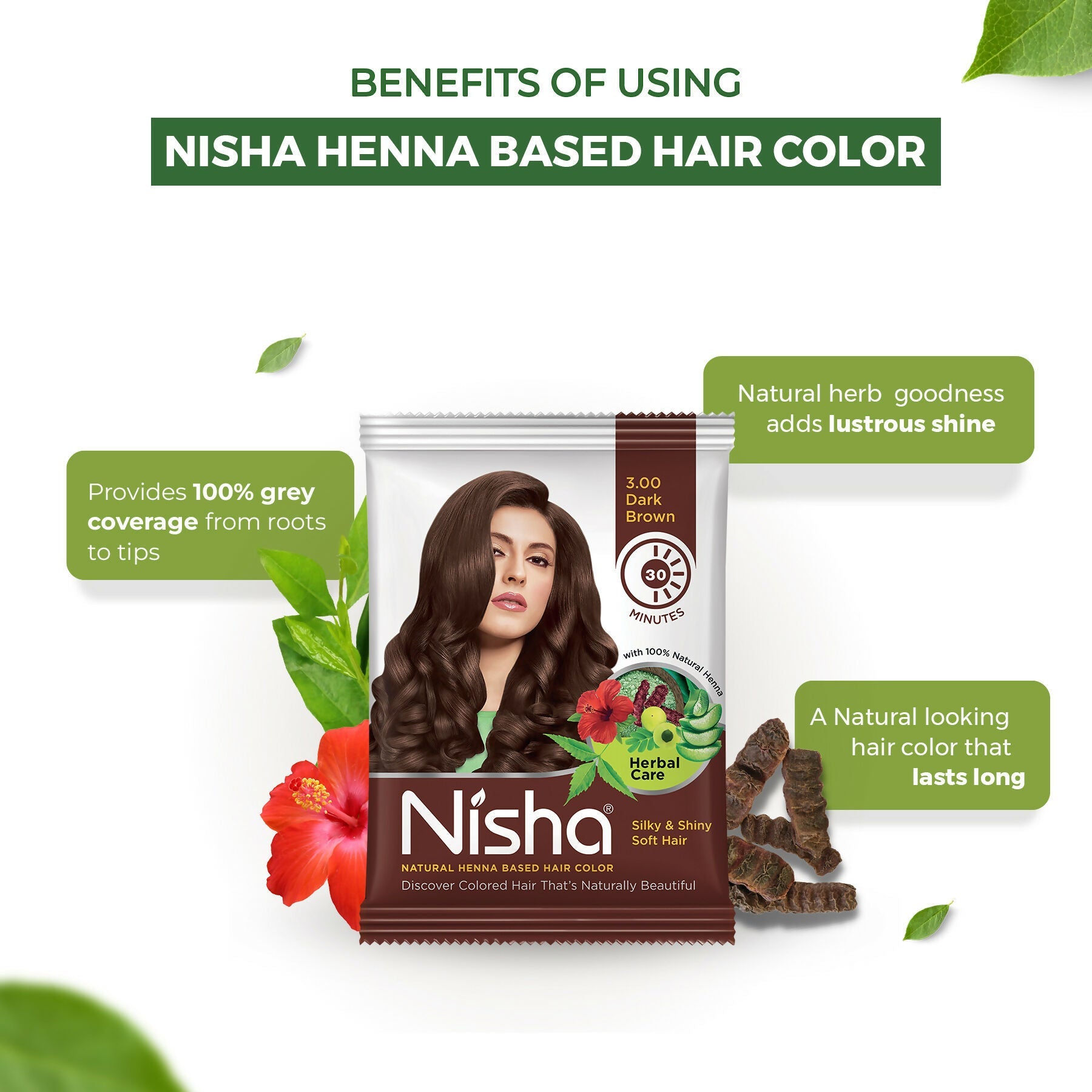 Nisha Henna Based Hair Colour for Women & Men Dark Brown (Pack of 10)