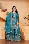 Teeya Creation Teal Color Natural Crepe Silk Wedding Wear Trending Palazzo Set