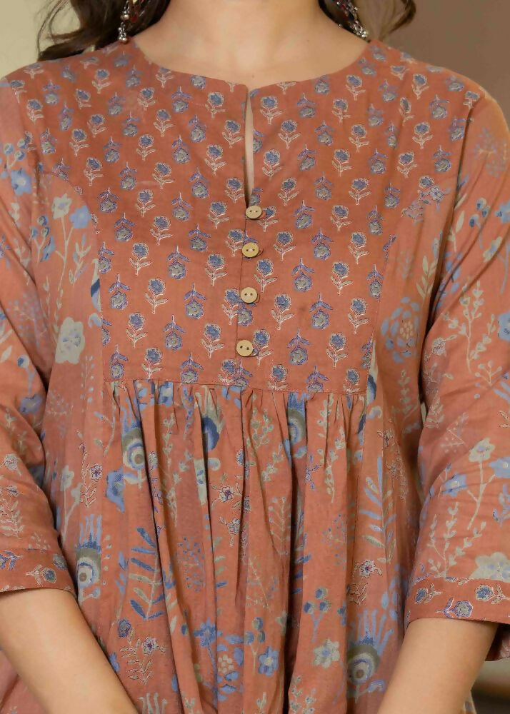 Jaimini Women Cotton Printed Round Neck 3/4 Sleeves Calf Length Flared Kurta Pant And Dupatta Set