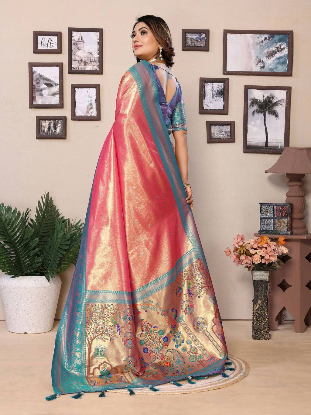 Aastha Fashion Pink Tissue Silk Weaving Saree