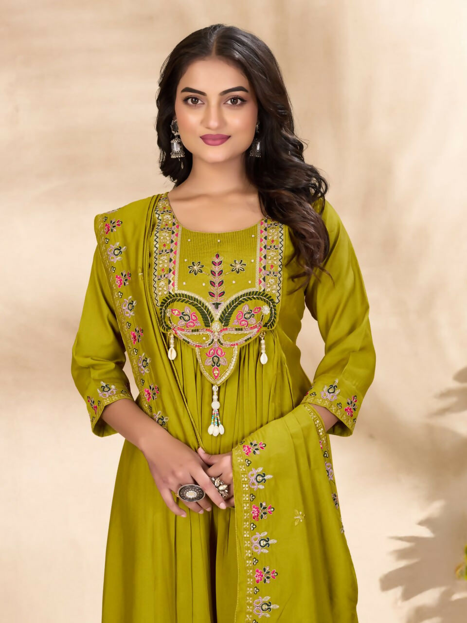 Lehenga Mart Designer Anarkali Suit With Kurta, Pant, Dupatta For Women-Lime Green