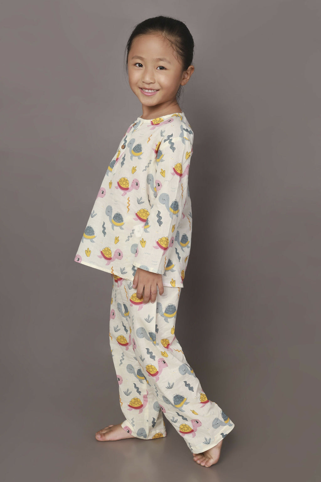 Breathables Kids Cotton Turtle Print Co-Ord Night Suit – White & Multi-Color