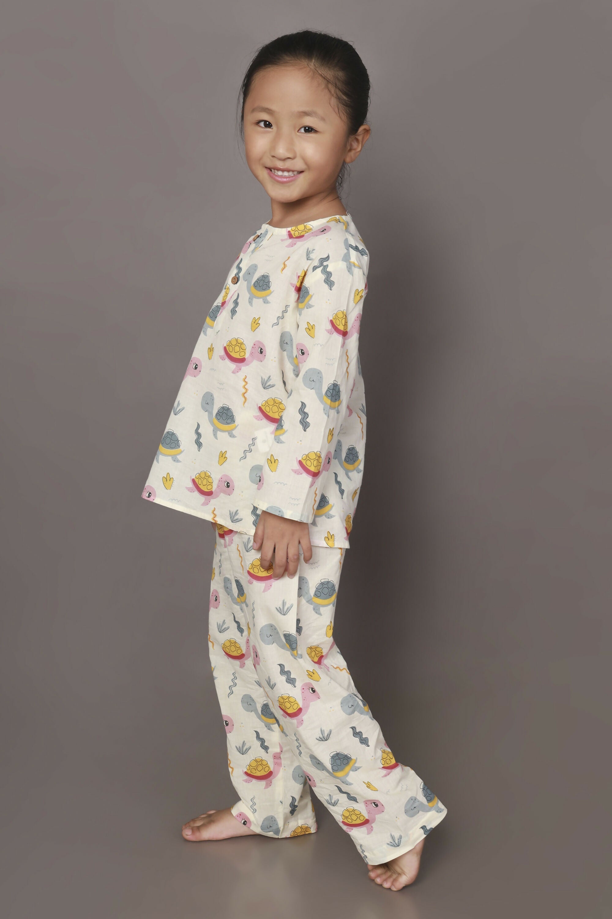 Breathables Kids Cotton Turtle Print Co-Ord Night Suit – White & Multi-Color