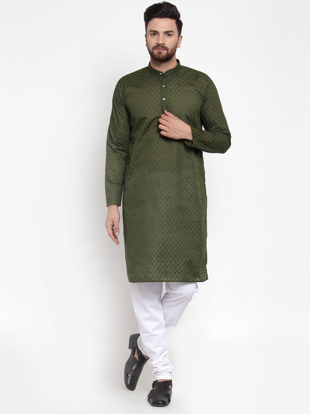 Jompers Men Olive Green Chikan Kurta with Churidar