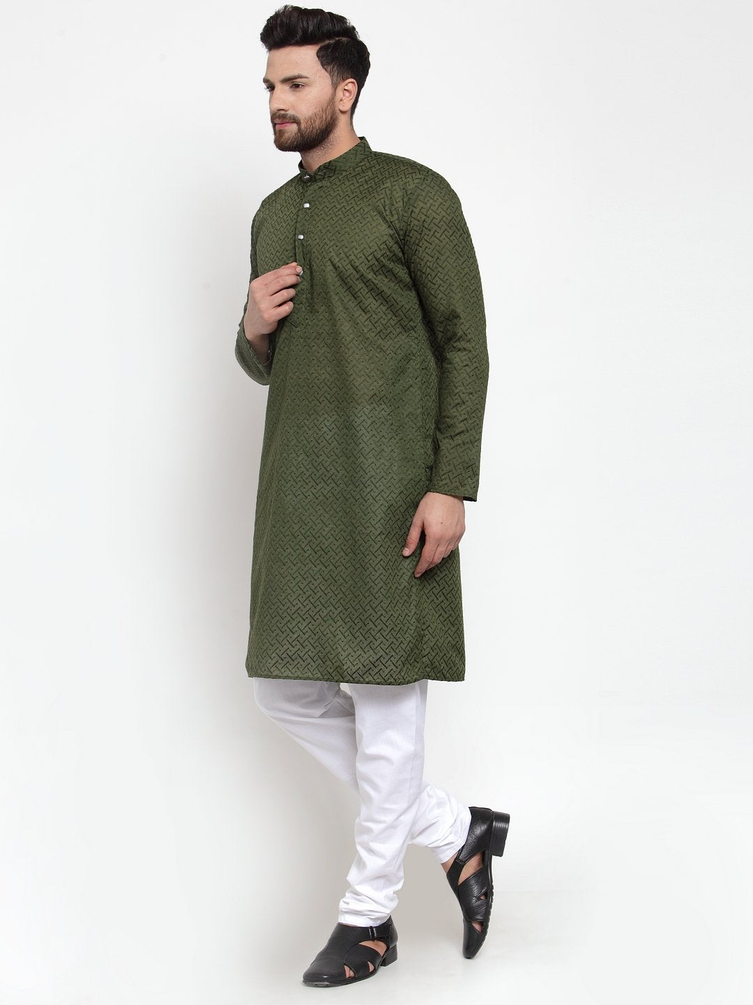Jompers Men Olive Green Chikan Kurta Only