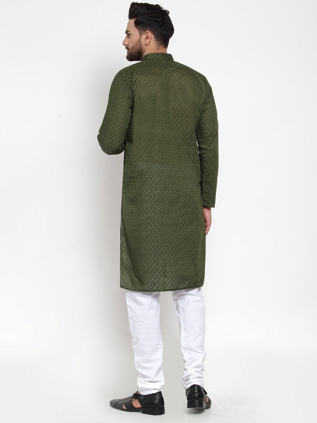 Jompers Men Olive Green Chikan Kurta Only
