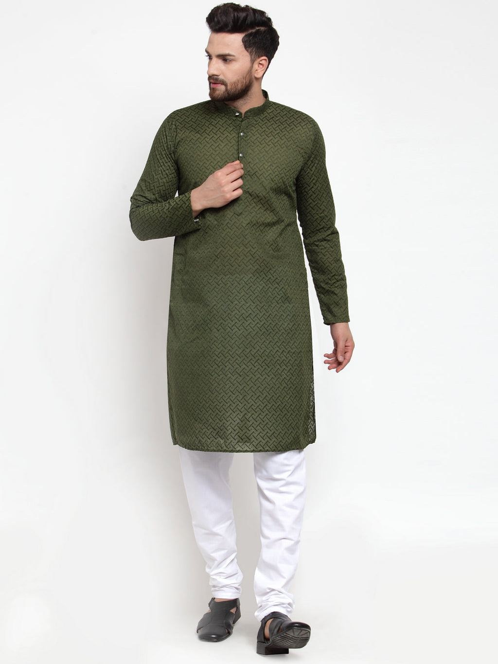 Jompers Men Olive Green Chikan Kurta with Churidar